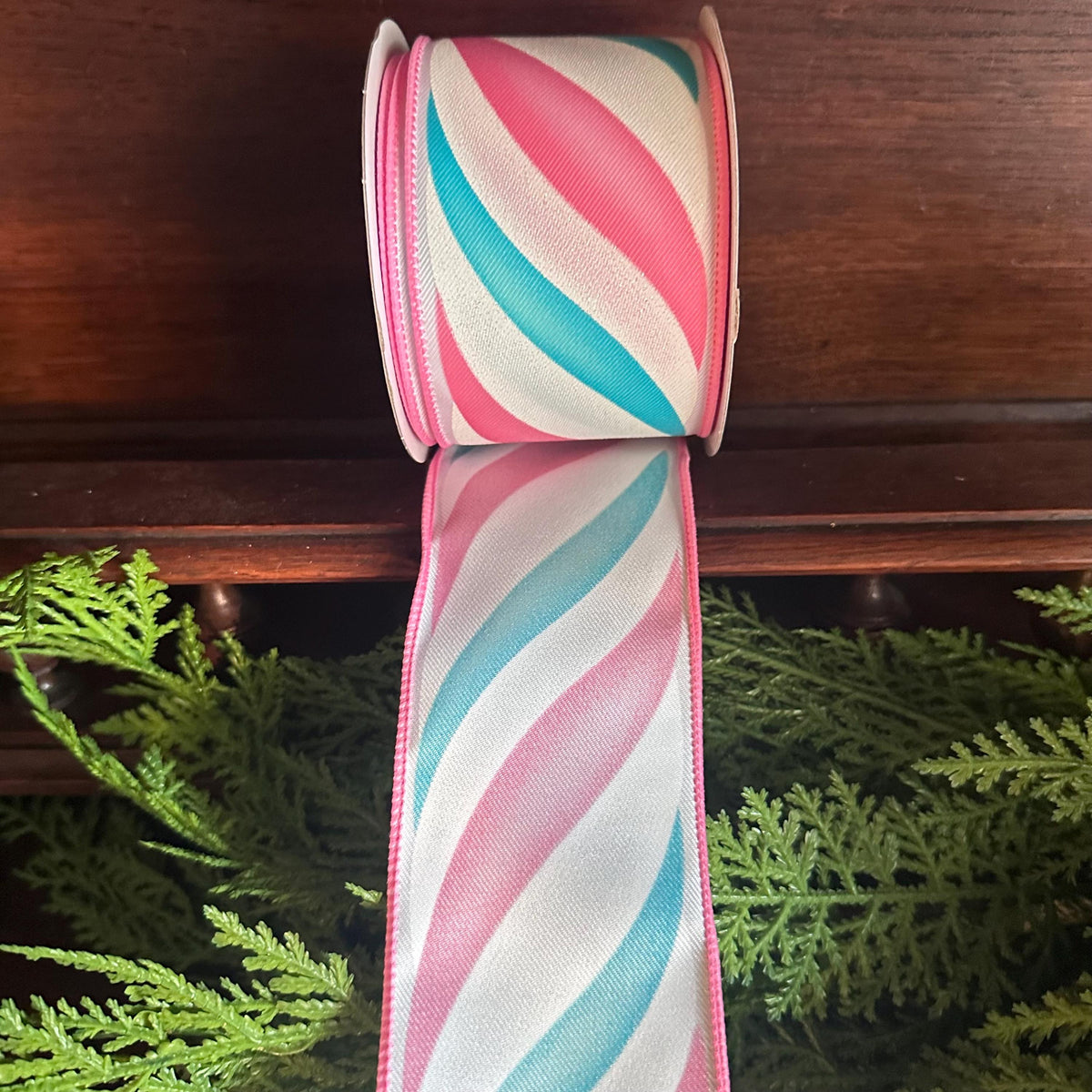 Pink Christmas Ribbon Candy Swirl Wired Ribbon | Christmas Tree & Wreath Ribbon