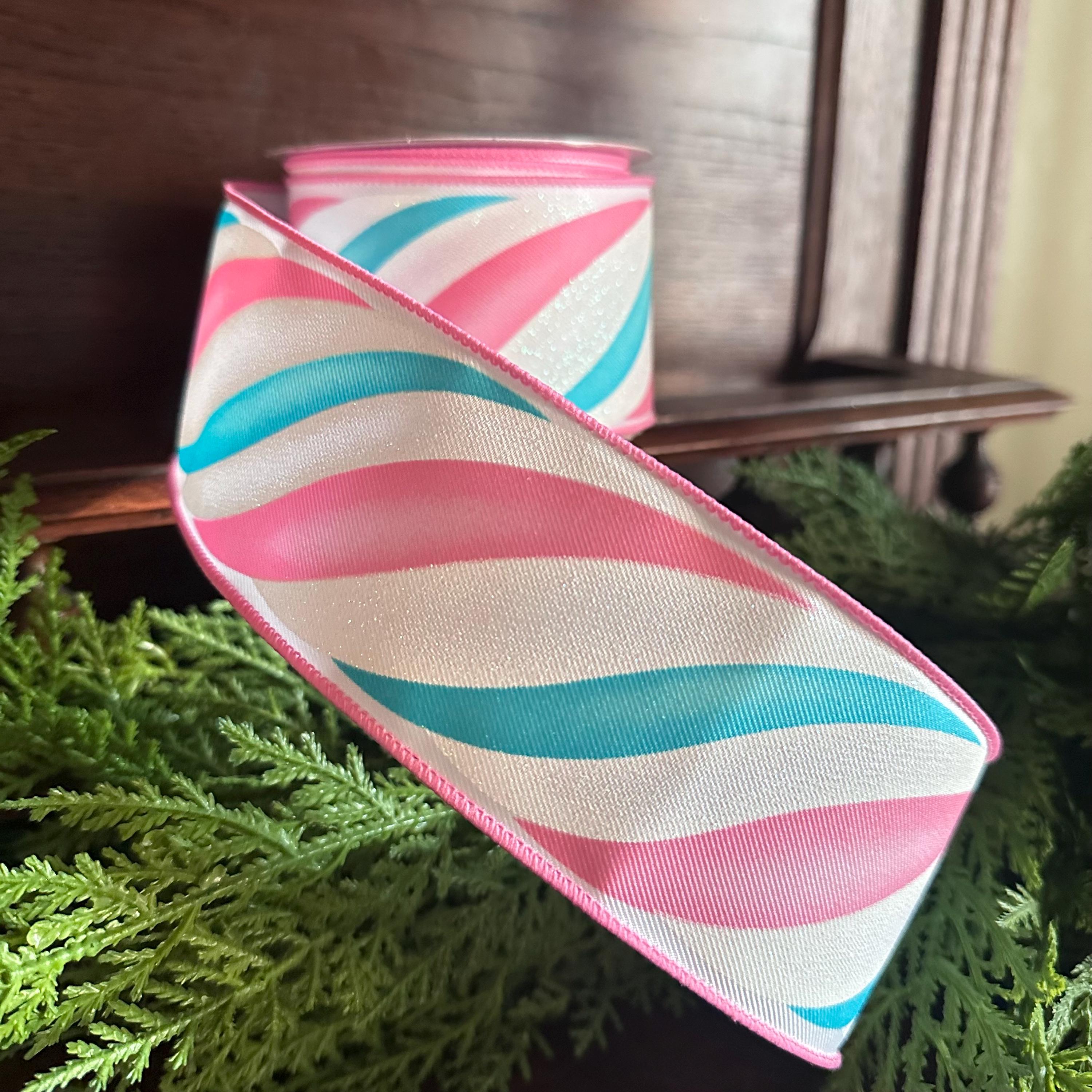 Christmas Wired Ribbon, Pink Mint Swirl Ribbon, Designer Ribbon, Holiday Ribbon, Bow Making Ribbon, Wide Ribbon, Christmas Decor