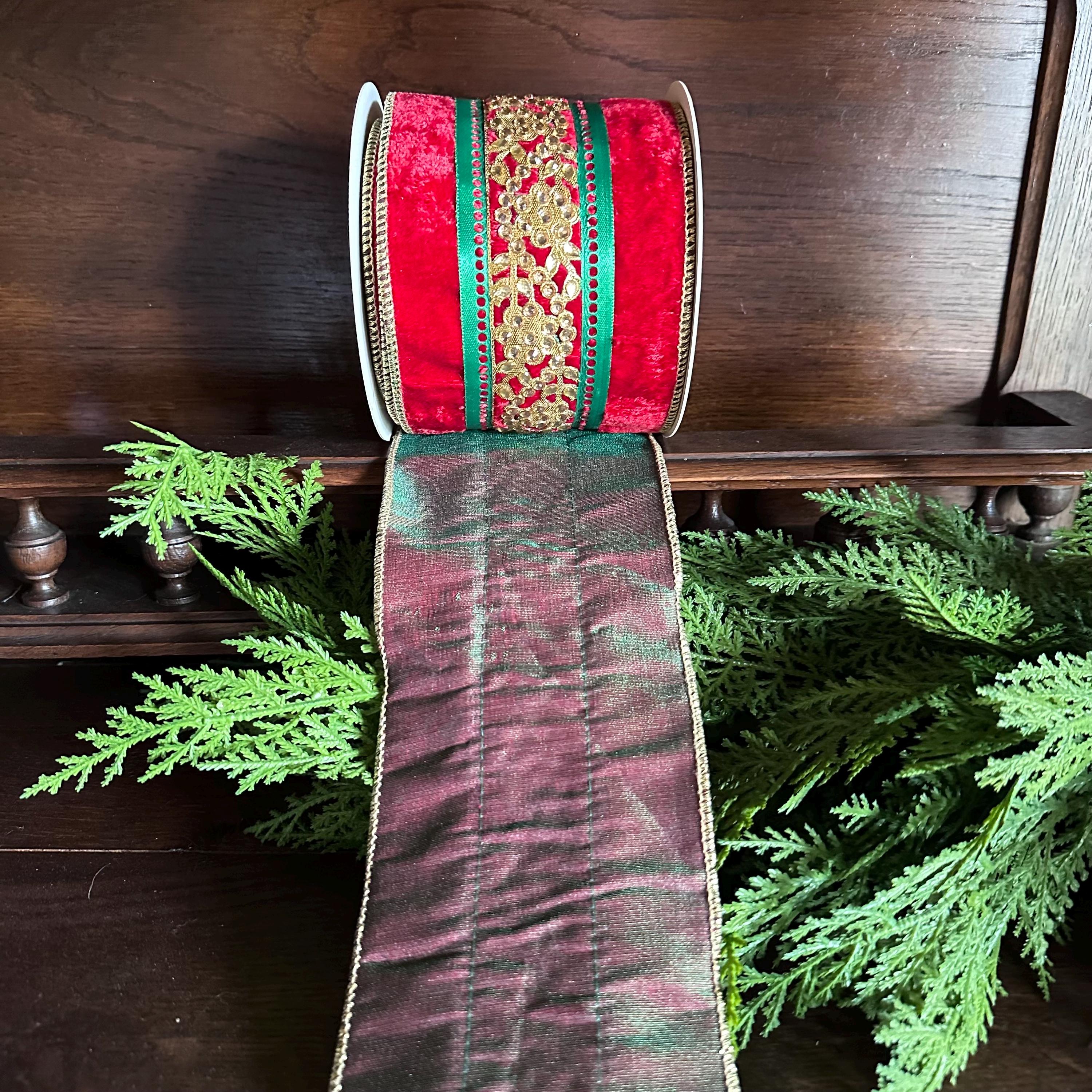 4 Inch Red Green Gold Velvet Christmas Ribbon Wired Ribbon