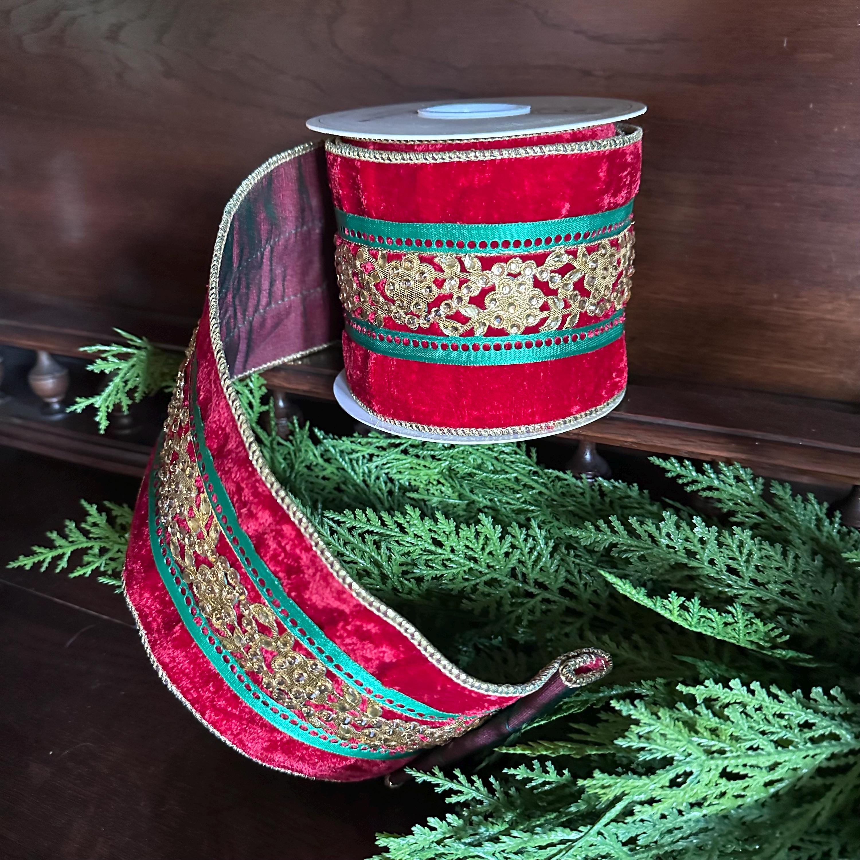 4 Inch Red Green Gold Velvet Christmas Ribbon Wired Ribbon