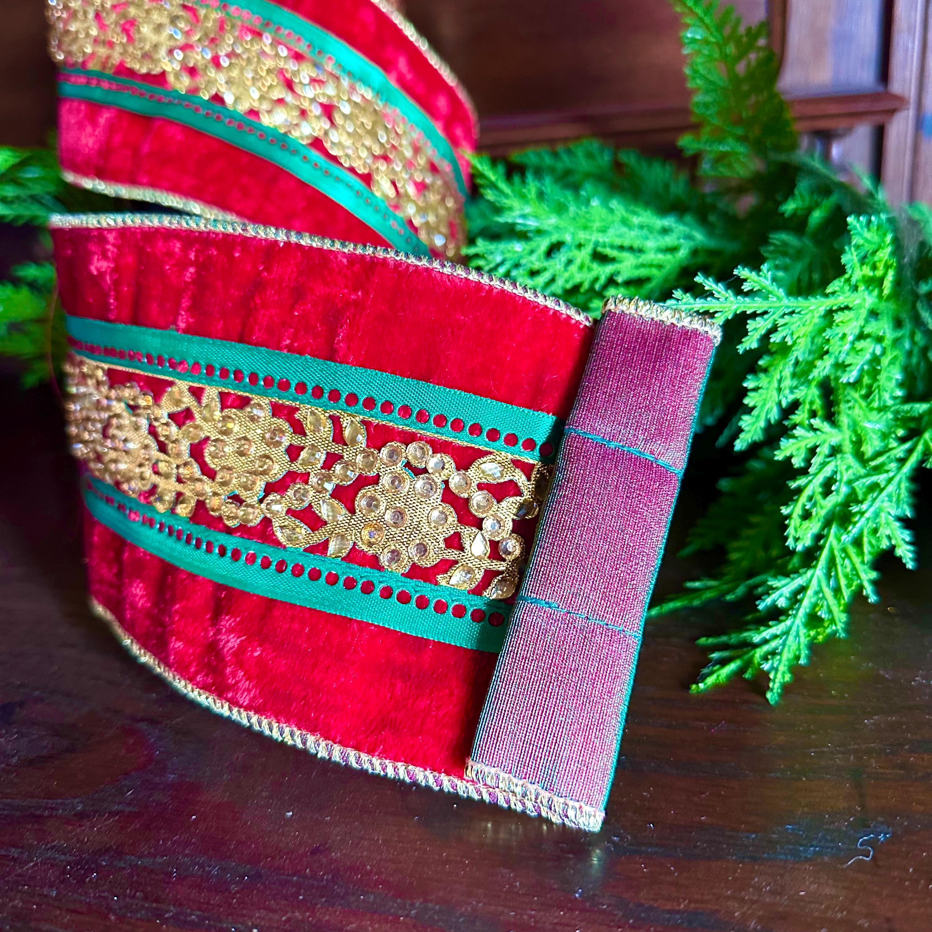 4 Inch Red Green Gold Velvet Christmas Ribbon Wired Ribbon