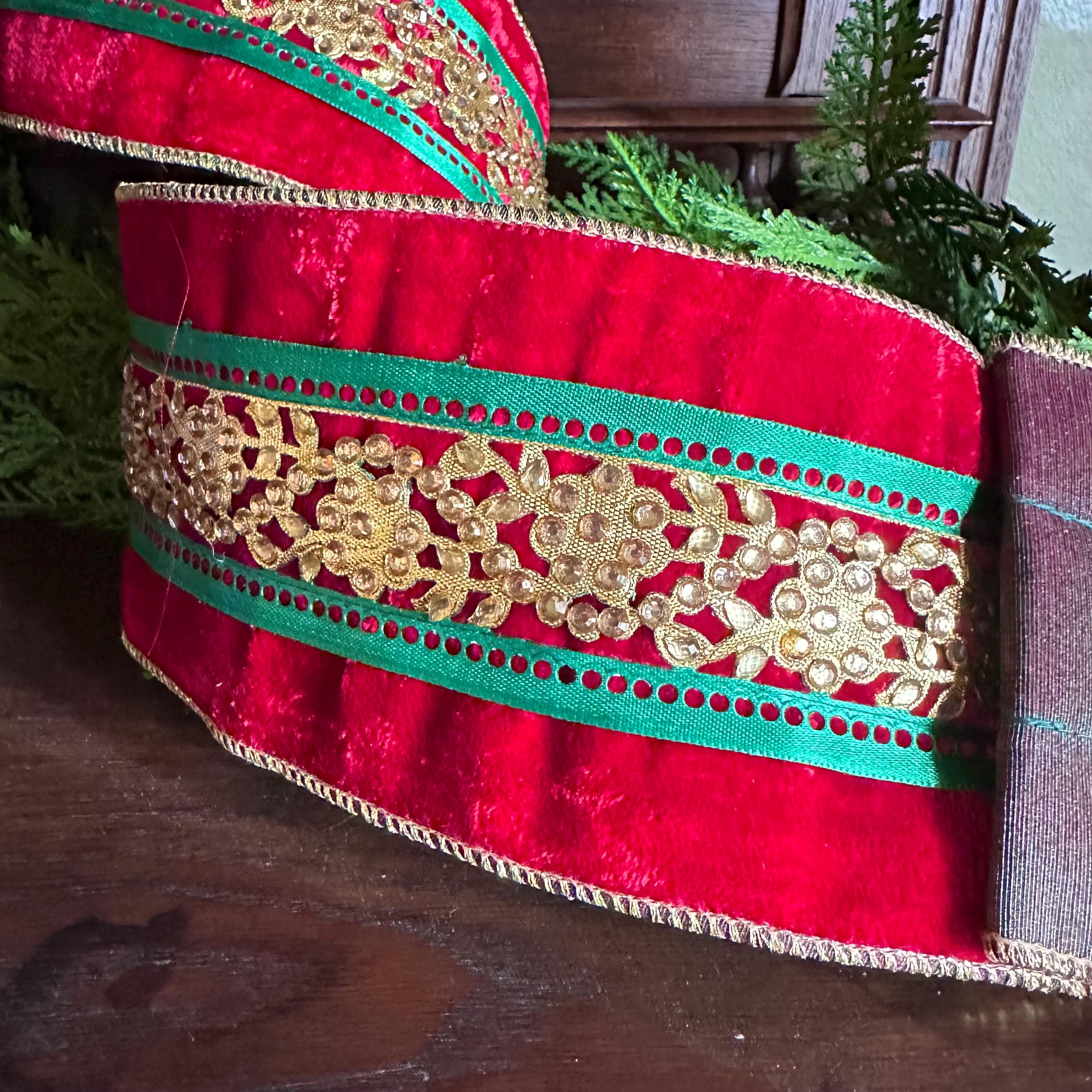 4 Inch Red Green Gold Velvet Christmas Ribbon Wired Ribbon