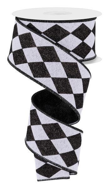 Harlequin Wired Ribbon Premium Craft Supply Black White Diamond Pattern Double Layer Polyester Material Glitter Accent Easy Shape Design Wreath Making Essential Tree Decorating Material Holiday Project Supply Beautiful Bow Making Ribbon
