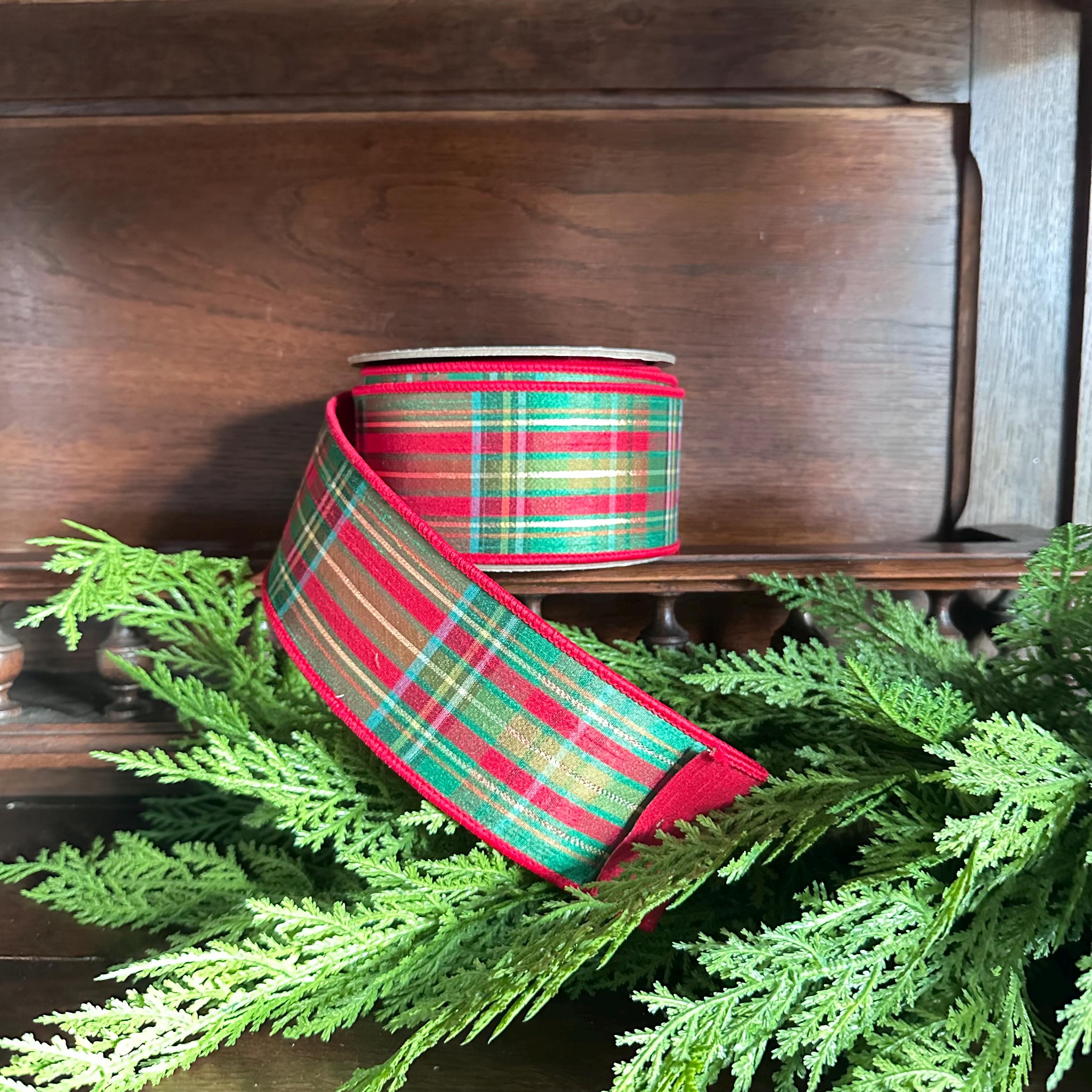 Christmas Plaid Designer Ribbon Wire Edge Traditional Tartan Design Holiday Wreath Making Supplies Dupion Material Metallic Gold Accents Red Green Pattern Professional Crafting Width Options Available Ten Yards Length Perfect Tree