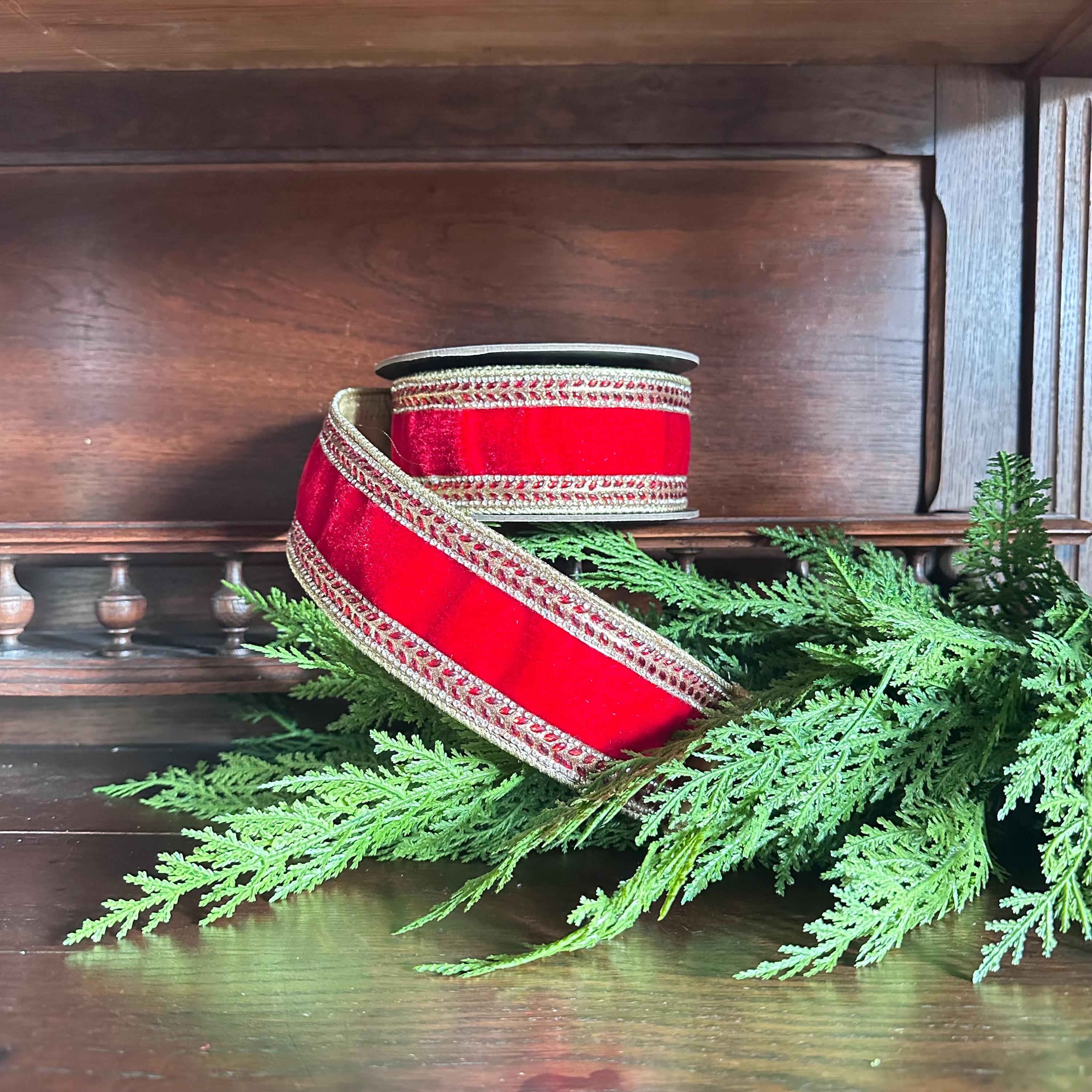 Red Velvet Ribbon Christmas Ribbon Luxury Ribbon Designer Ribbon Gift Wrapping Christmas Present Holiday Decor Wired Edge Crystal Trim Set