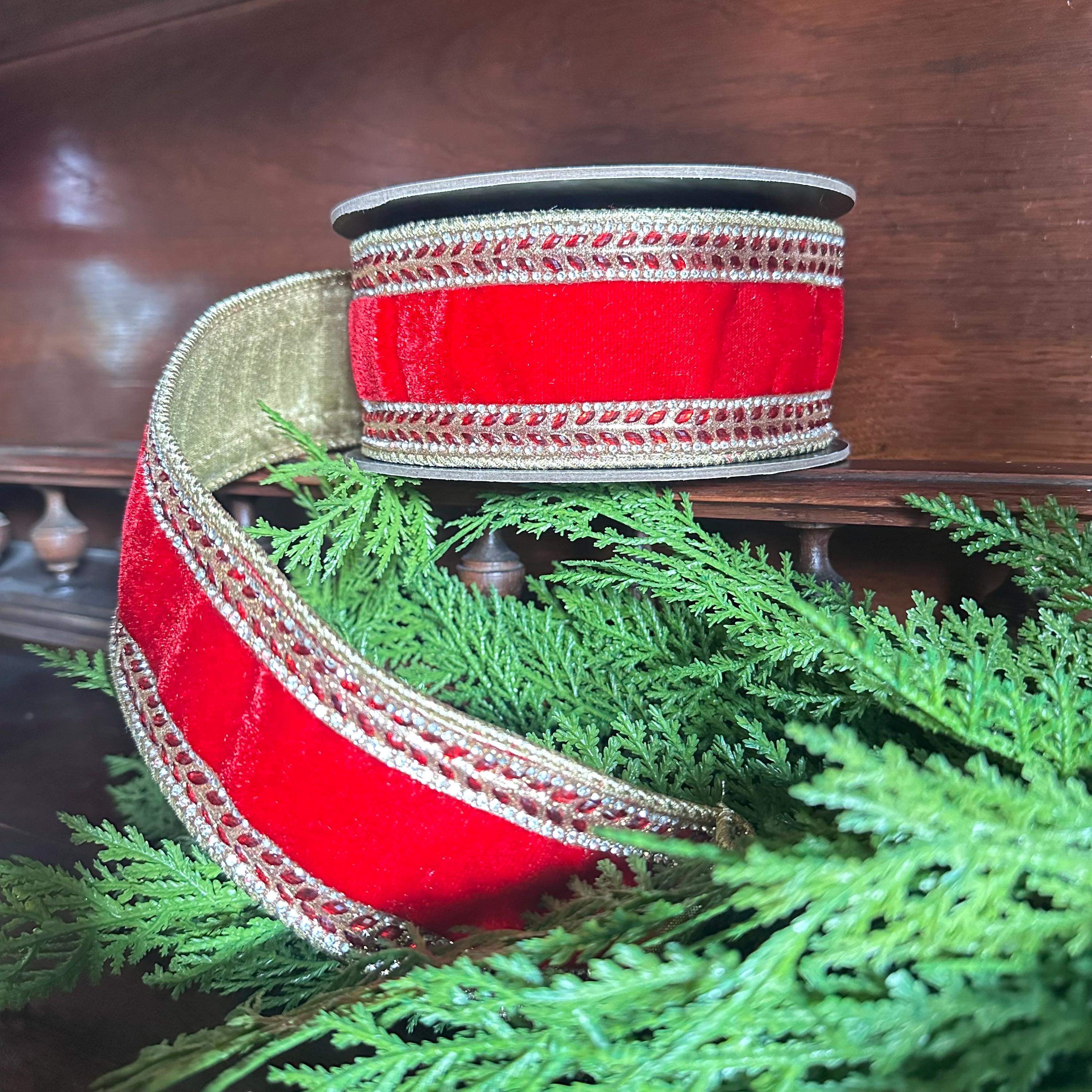 Red Velvet Ribbon Christmas Ribbon Luxury Ribbon Designer Ribbon Gift Wrapping Christmas Present Holiday Decor Wired Edge Crystal Trim Set