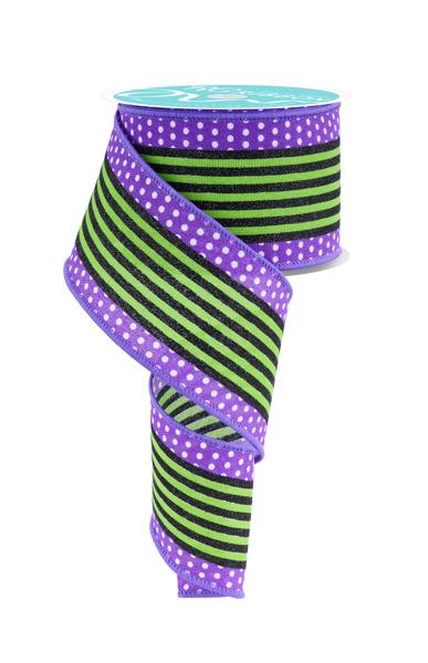 Purple Green Stripe Ribbon Wired Edge Halloween Ribbon Witch Ribbon Wreath Ribbon Bow Making Ribbon 2.5 Inch 10 Yard Roll