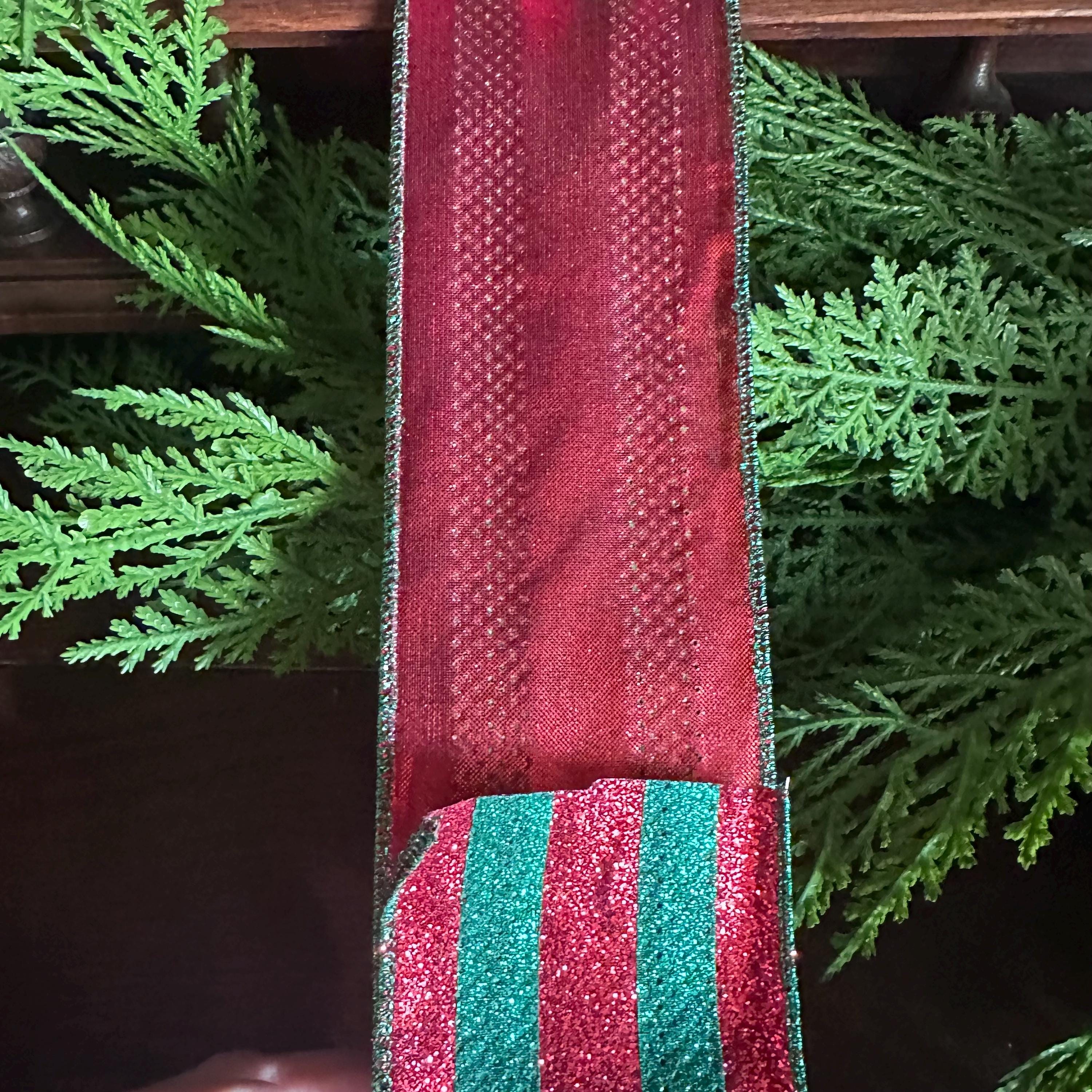 Red and Green Glitter Ribbon Christmas Ribbon Wired Edge Ribbon Wreath Supply Bow Making Ribbon Holiday Decor