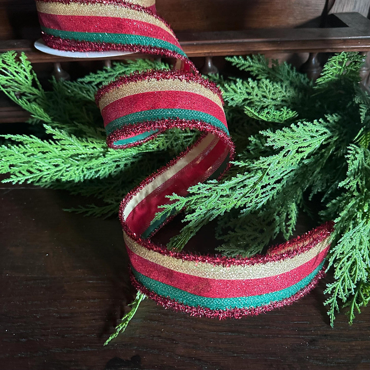 Christmas Wired Ribbon, Red Green Glitter Stripe Ribbon, Holiday Ribbon, Bow Making Ribbon, Designer Ribbon, Christmas Decor