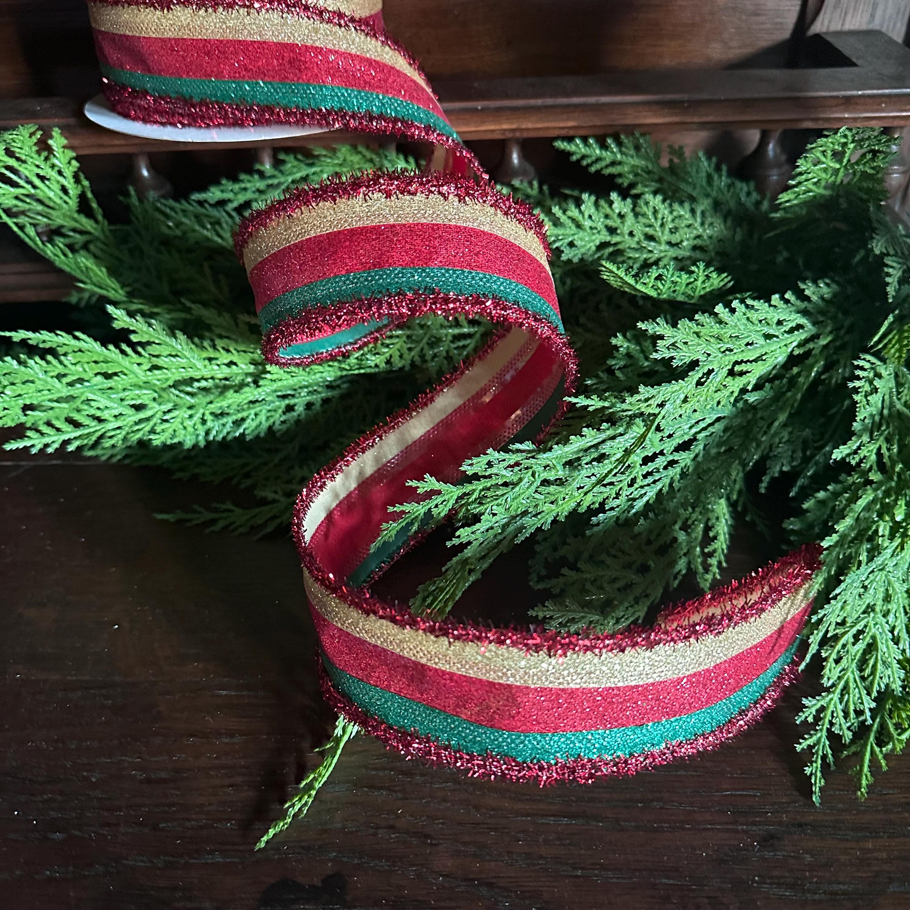 Christmas Wired Ribbon, Red Green Glitter Stripe Ribbon, Holiday Ribbon, Bow Making Ribbon, Designer Ribbon, Christmas Decor