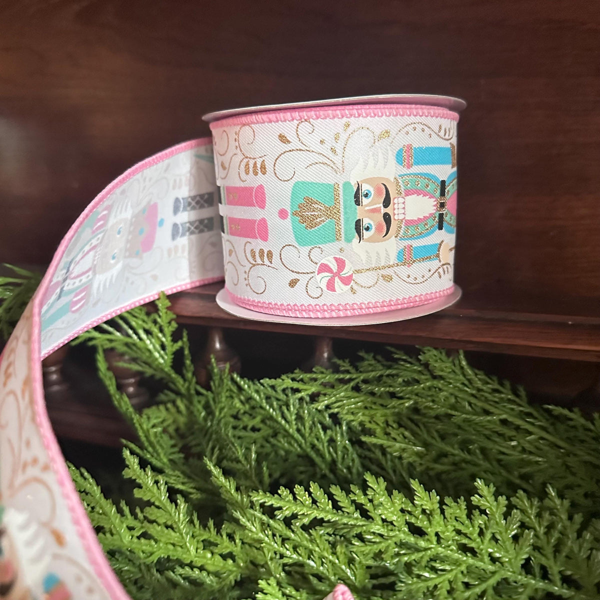Nutcracker Ribbon Christmas Wired Ribbon | Pink Christmas Tree & Wreath Ribbon