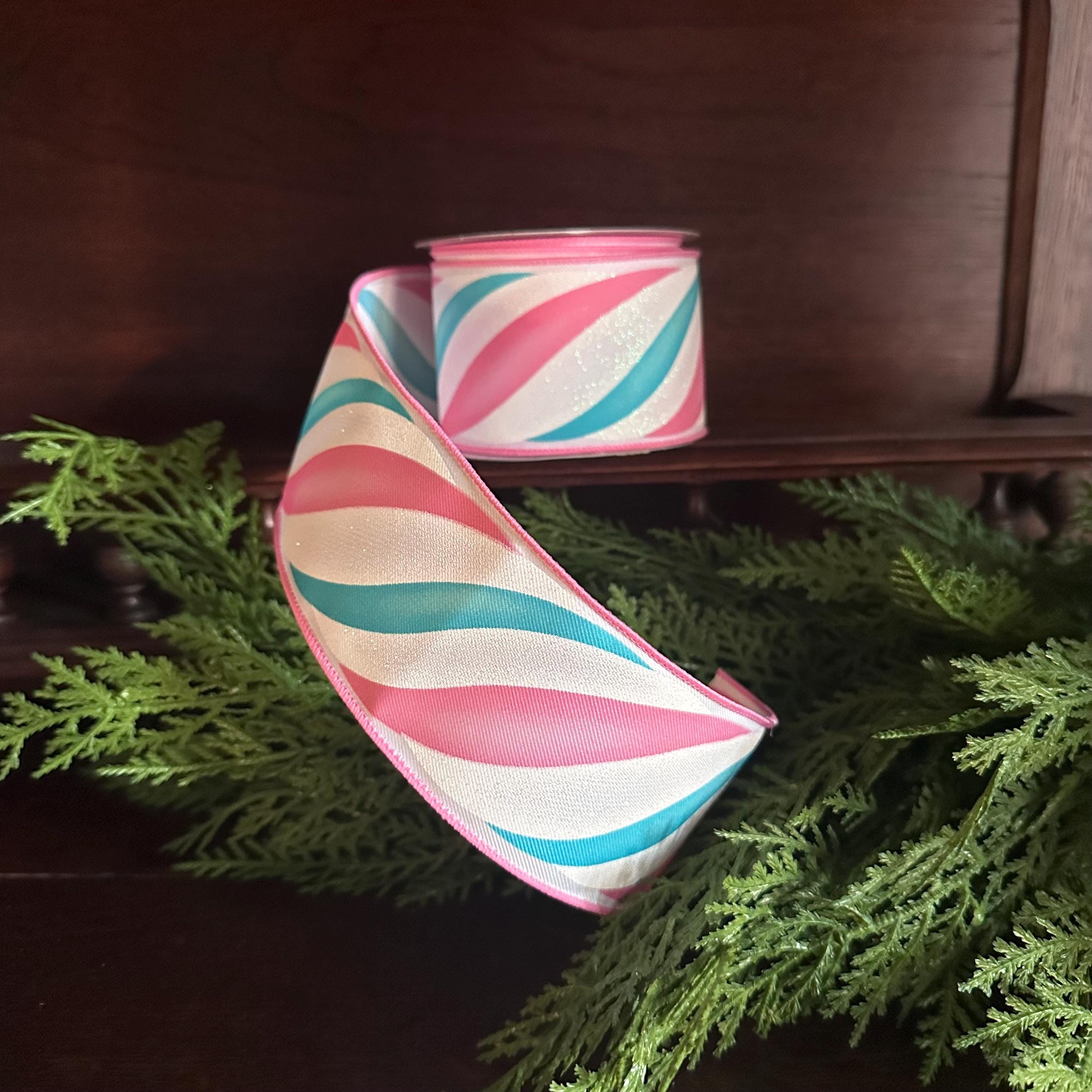 Christmas Wired Ribbon, Pink Mint Swirl Ribbon, Designer Ribbon, Holiday Ribbon, Bow Making Ribbon, Wide Ribbon, Christmas Decor