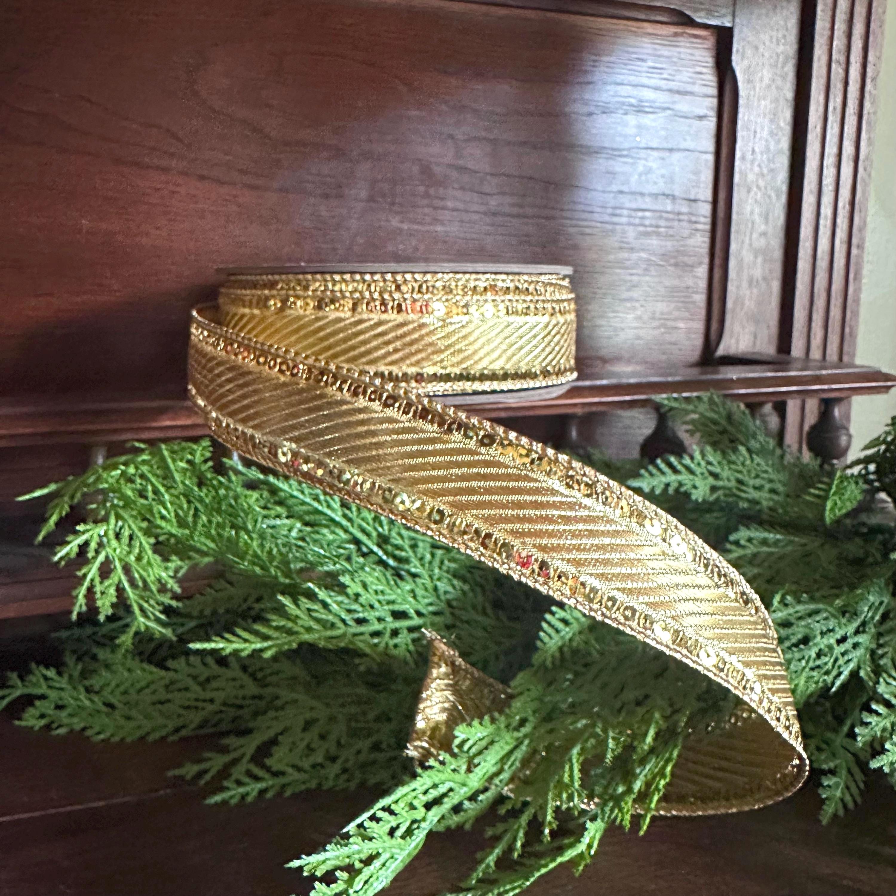 Gold Metallic Ribbon Craft Supply for Christmas Ribbon Wire Edge Sequin Trim Holiday Wreath Making Material Gift Wrap Party Accent