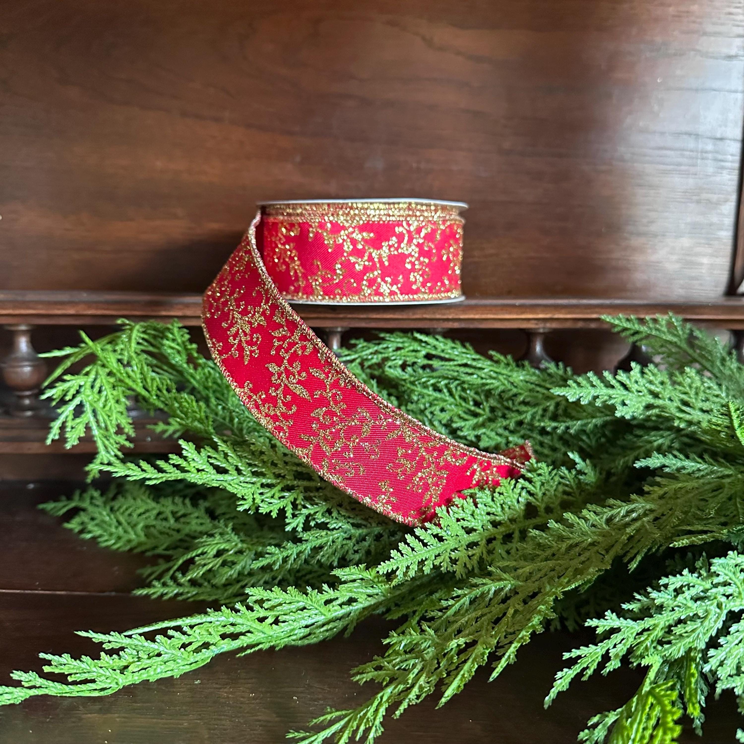 Christmas Ribbon Red Gold Glitter Leaf Vine Ribbon Wired Edge Holiday Ribbon Wreath Ribbon Designer Ribbon