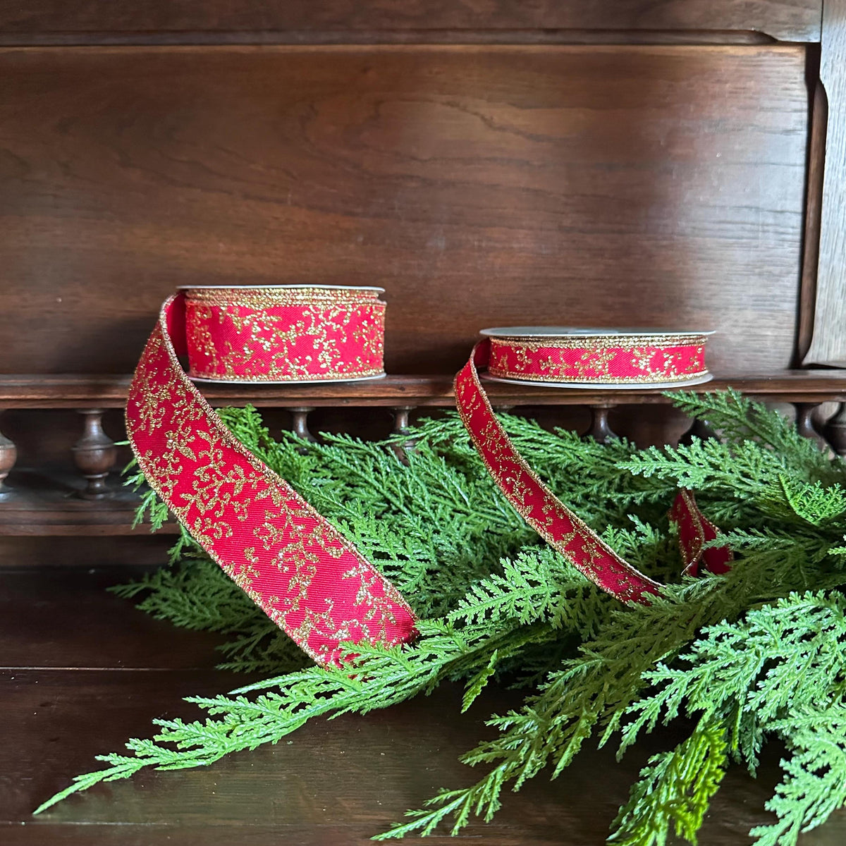 Christmas Ribbon Red Gold Glitter Leaf Vine Ribbon Wired Edge Holiday Ribbon Wreath Ribbon Designer Ribbon