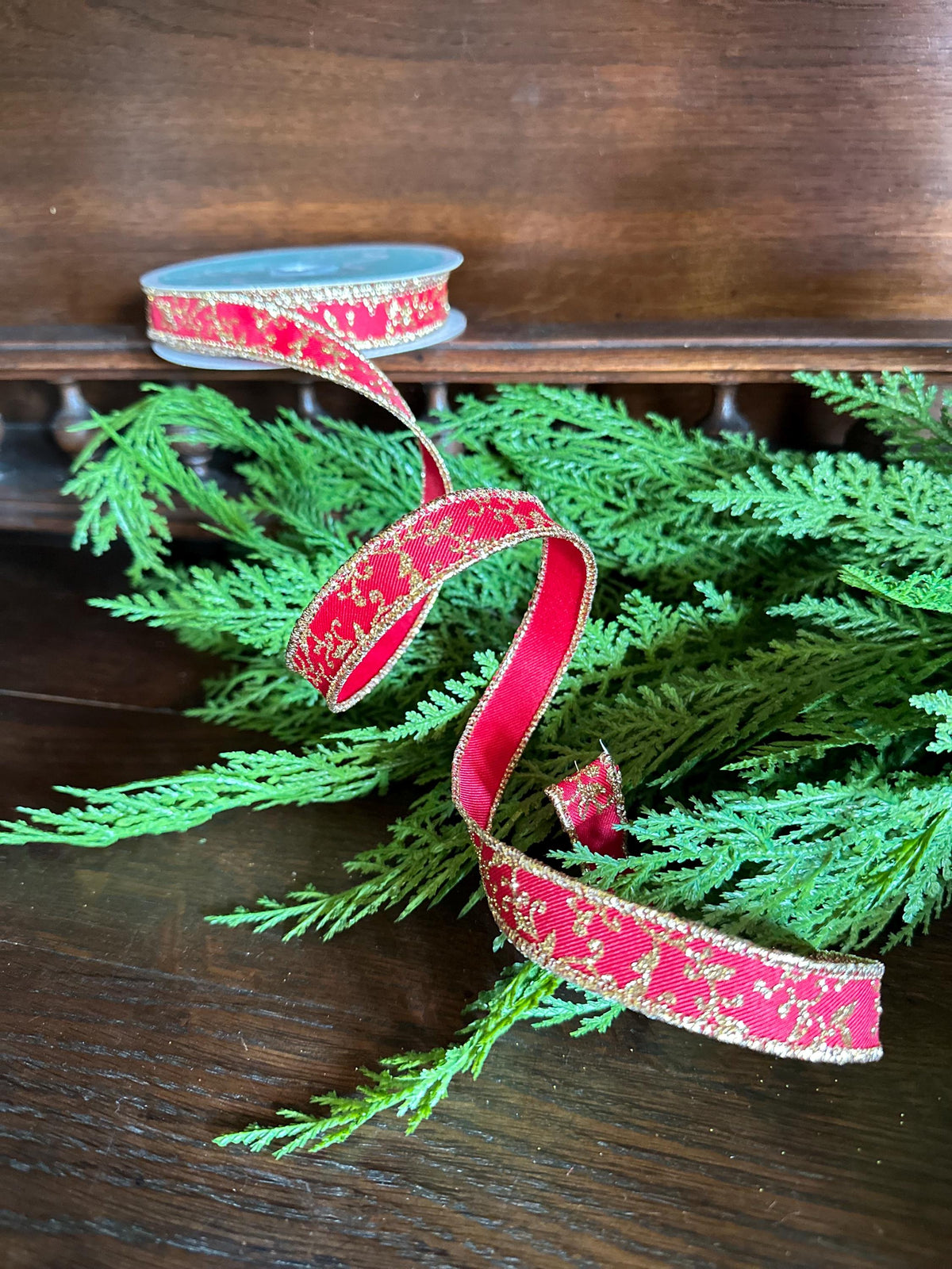 Christmas Ribbon Red Gold Glitter Leaf Vine Ribbon Wired Edge Holiday Ribbon Wreath Ribbon Designer Ribbon