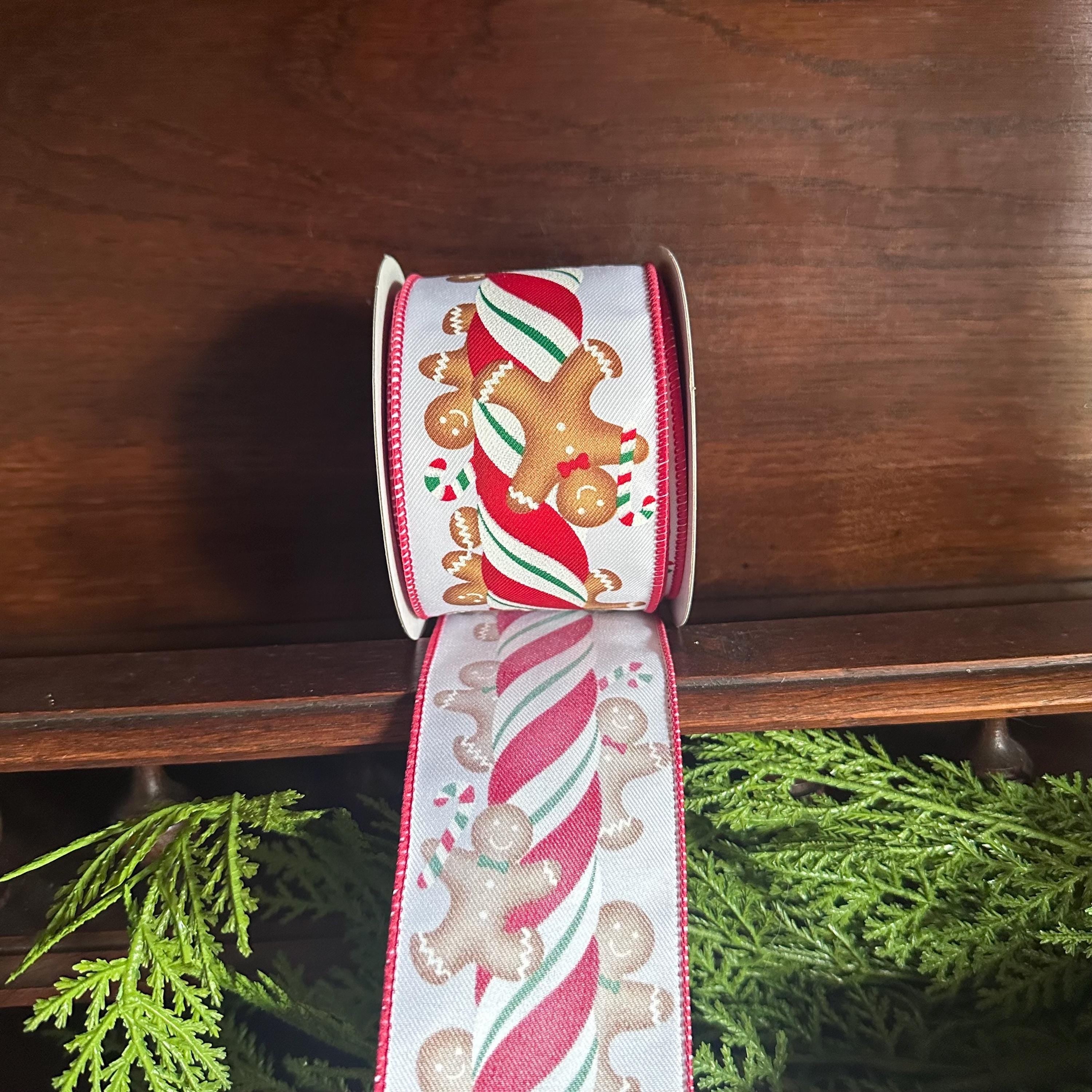 Christmas Ribbon, Gingerbread Candy Cane Wired Ribbon for Wreaths, Bows & Tree Decorating Craft Supply Wreath Making Decorative Ribbon