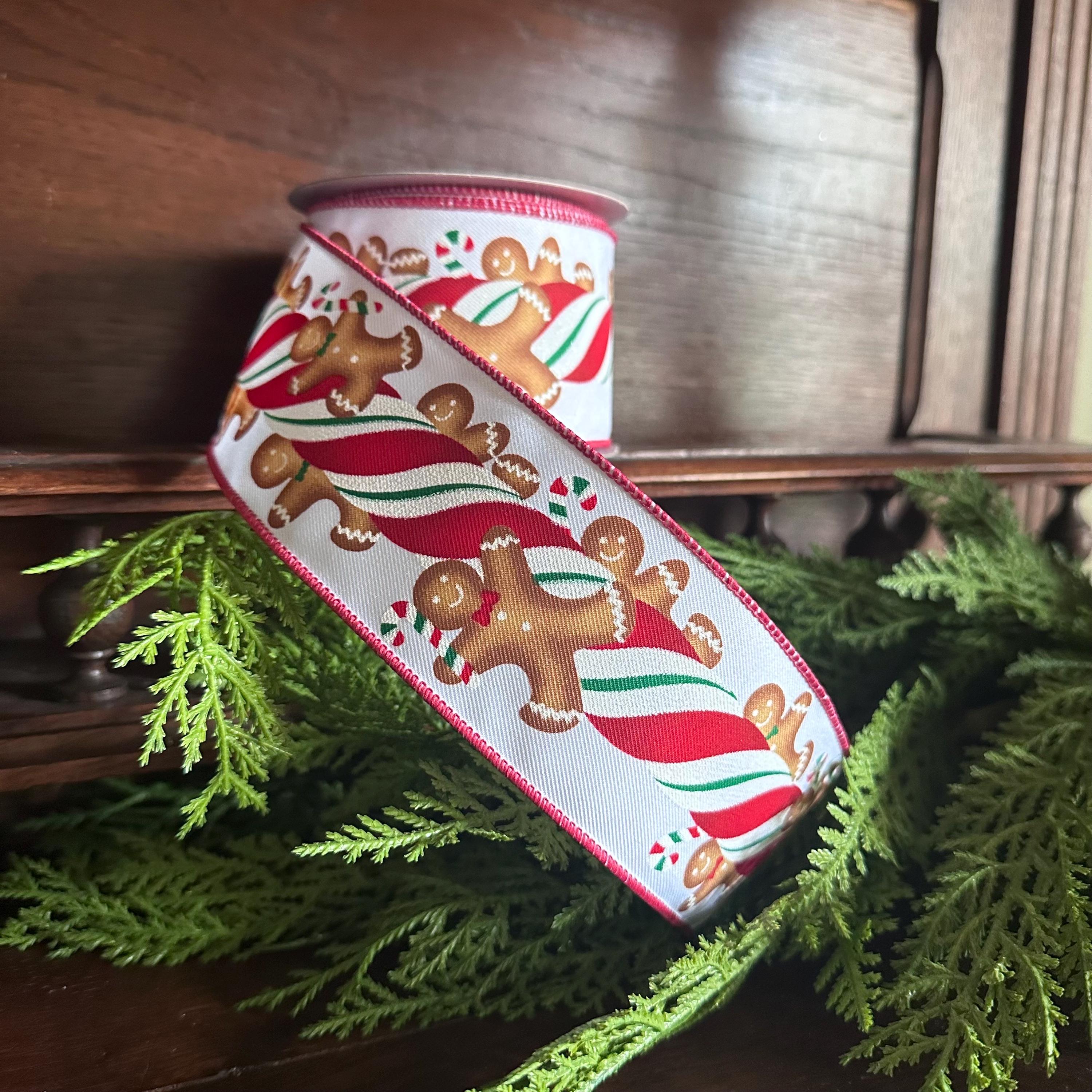 Festive Craft Ribbon Christmas Project Essential Wired Edge Construction Premium Quality Material Holiday Theme Pattern Gingerbread Design Detail Perfect Wreath Making Supply Professional Bow Creation White Background Holiday Collection