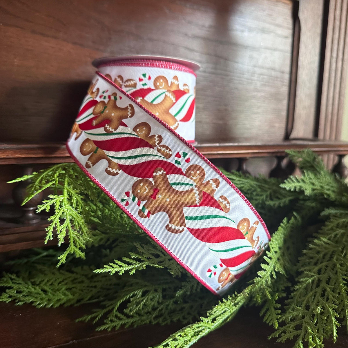 Festive Craft Ribbon Christmas Project Essential Wired Edge Construction Premium Quality Material Holiday Theme Pattern Gingerbread Design Detail Perfect Wreath Making Supply Professional Bow Creation White Background Holiday Collection