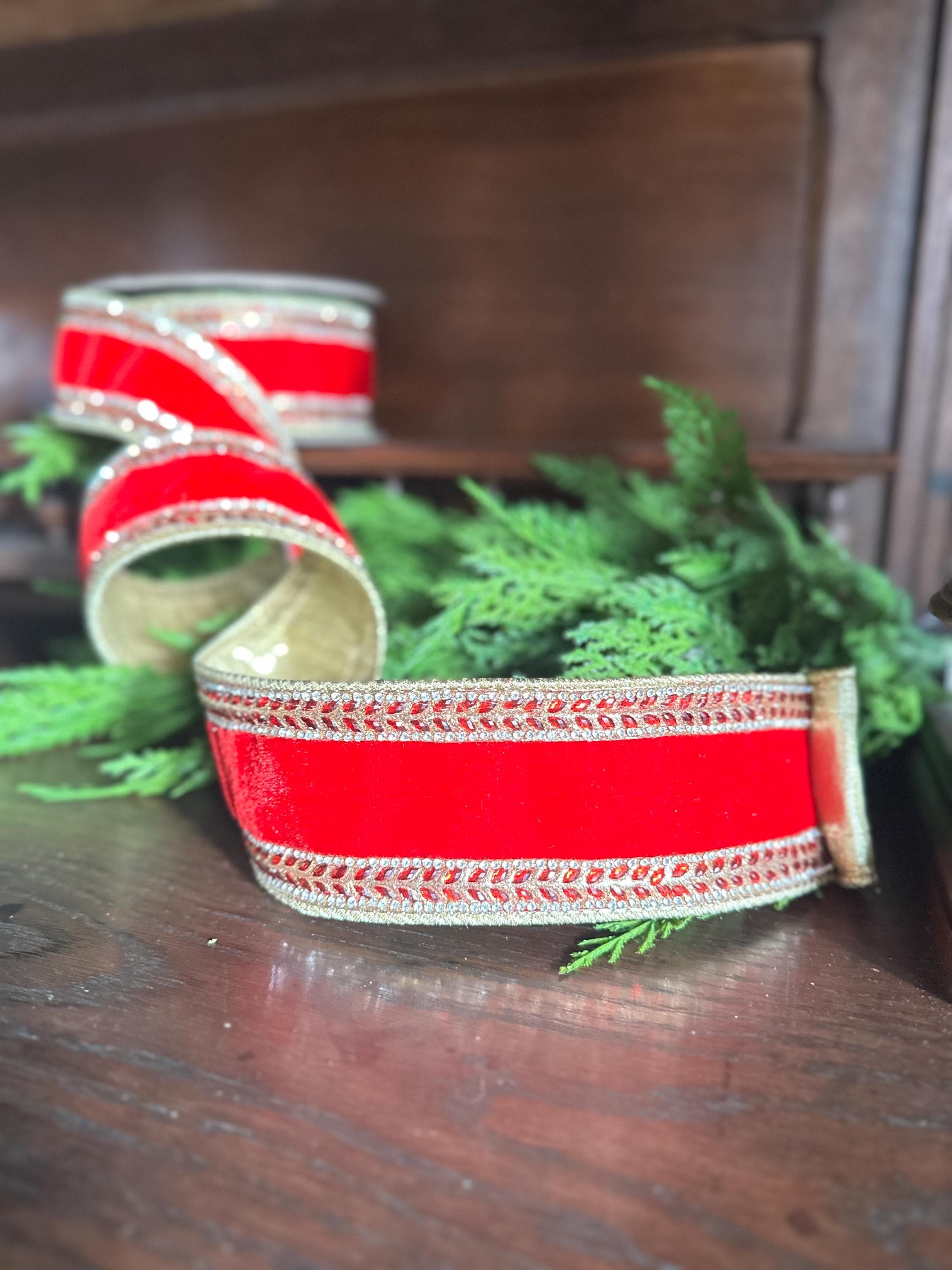 Red Velvet Ribbon Christmas Ribbon Luxury Ribbon Designer Ribbon Gift Wrapping Christmas Present Holiday Decor Wired Edge Crystal Trim Set