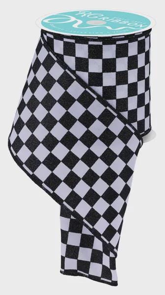 Black and White Checkered Wired Ribbon Craft Supply for Wreath Making Party Supply Halloween Decor Glitter Ribbon