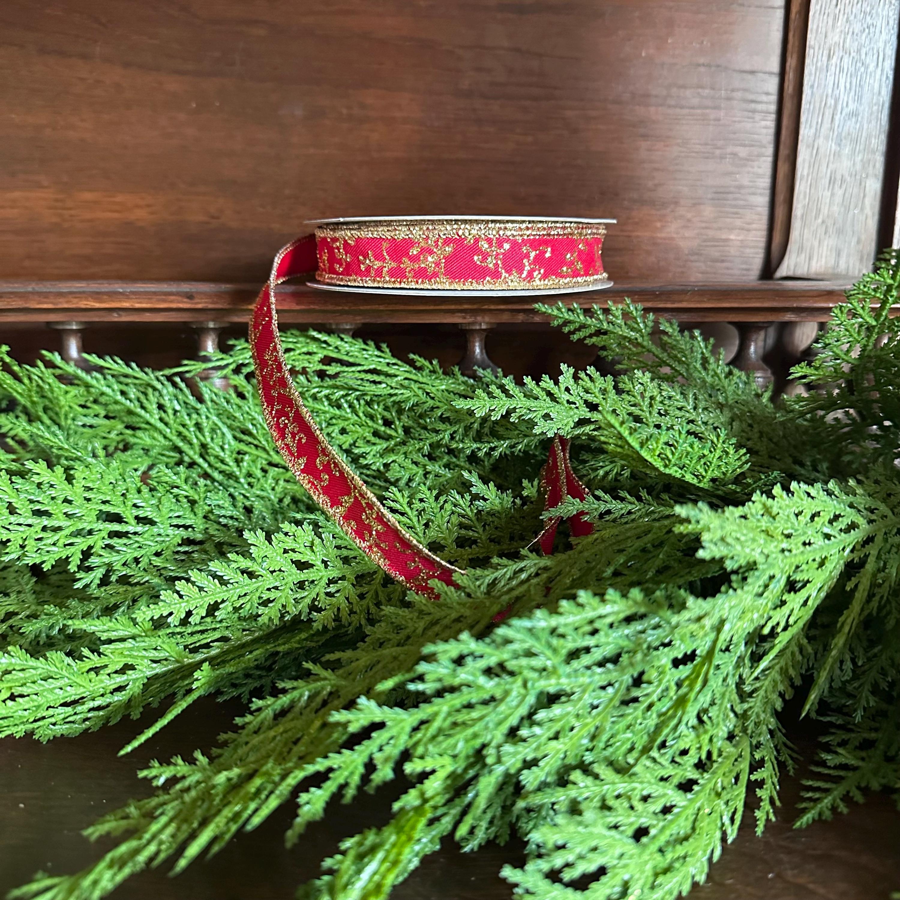 Christmas Ribbon Red Gold Glitter Leaf Vine Ribbon Wired Edge Holiday Ribbon Wreath Ribbon Designer Ribbon
