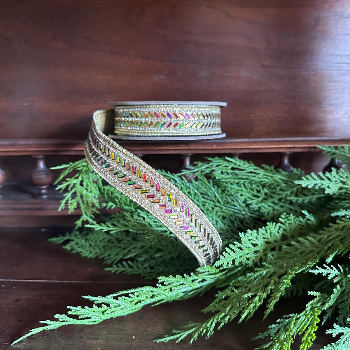 Metallic Gold Jeweled Wired Ribbon | Luxury Designer Ribbon