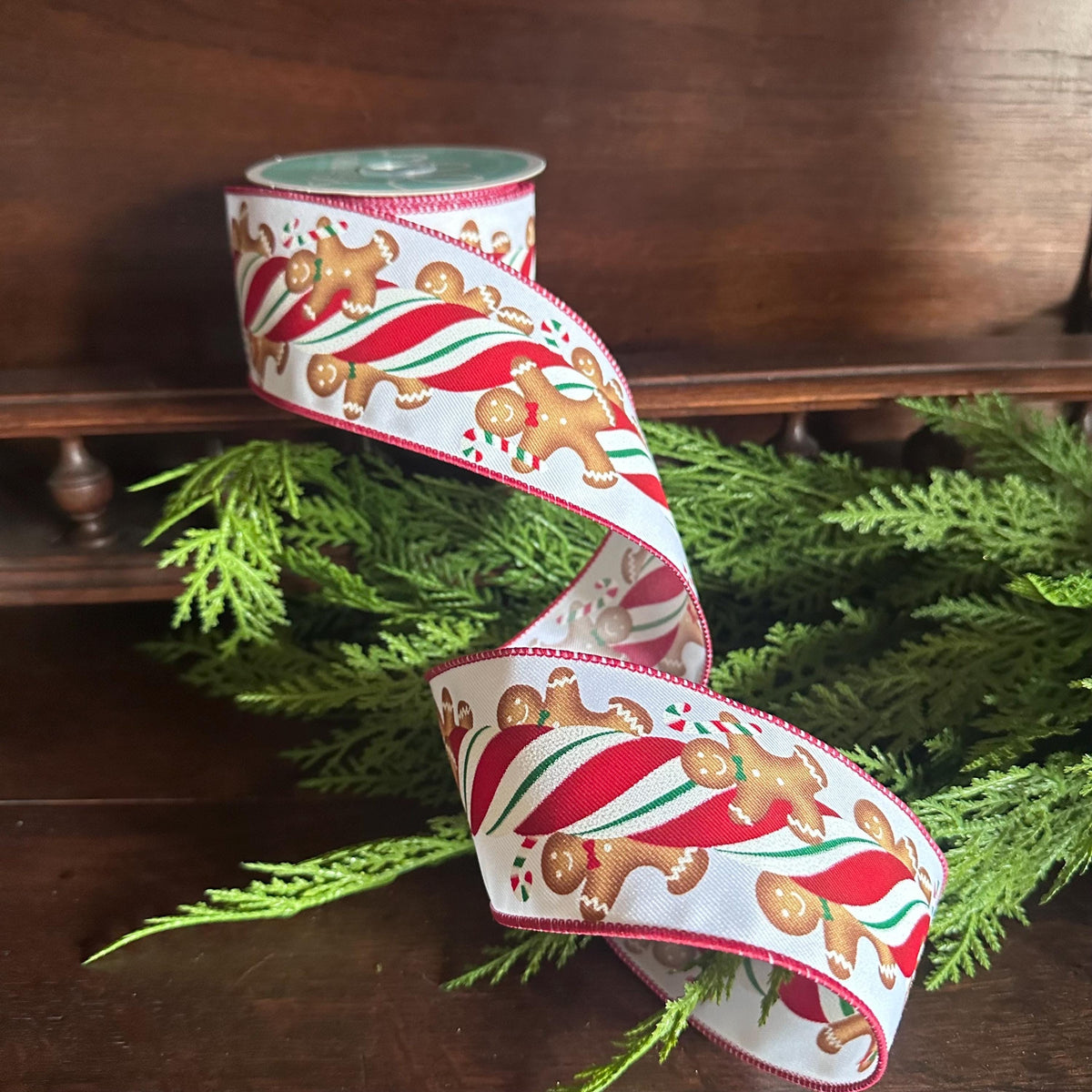Wired Edge Ribbon Christmas Craft Essential Holiday Wreath Supply Premium Construction Gingerbread Theme Pattern Candy Design Detail Professional Grade Material Perfect Bow Making Project White Background Festive Creation Essential Holiday