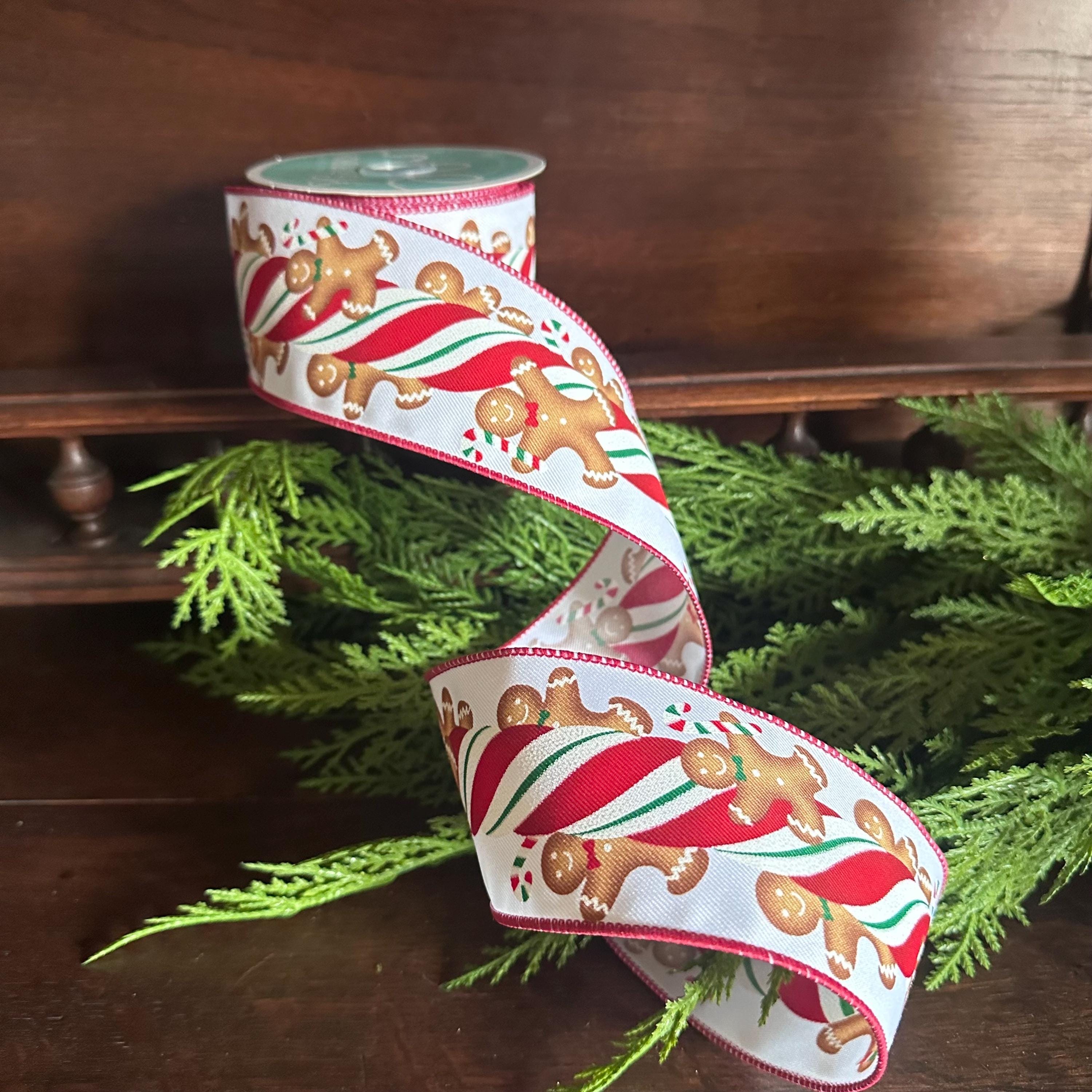 Wired Edge Ribbon Christmas Craft Essential Holiday Wreath Supply Premium Construction Gingerbread Theme Pattern Candy Design Detail Professional Grade Material Perfect Bow Making Project White Background Festive Creation Essential Holiday