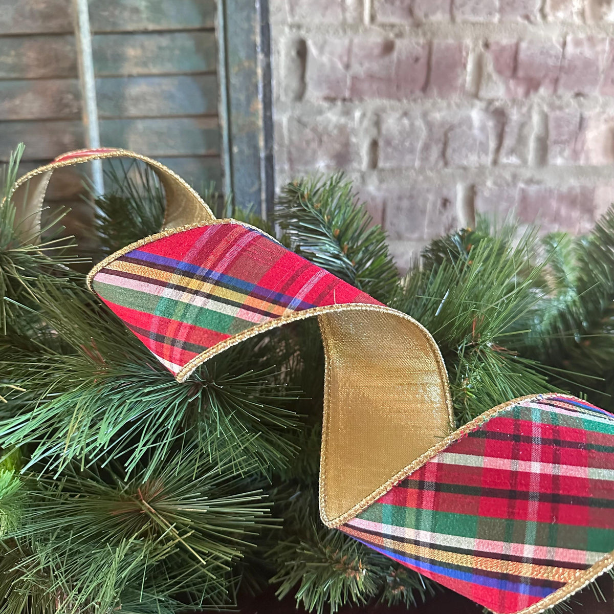 Christmas Plaid Ribbon Red Green Tartan Designer Wired Ribbon with Gold Backing | D. Stevens Ribbon