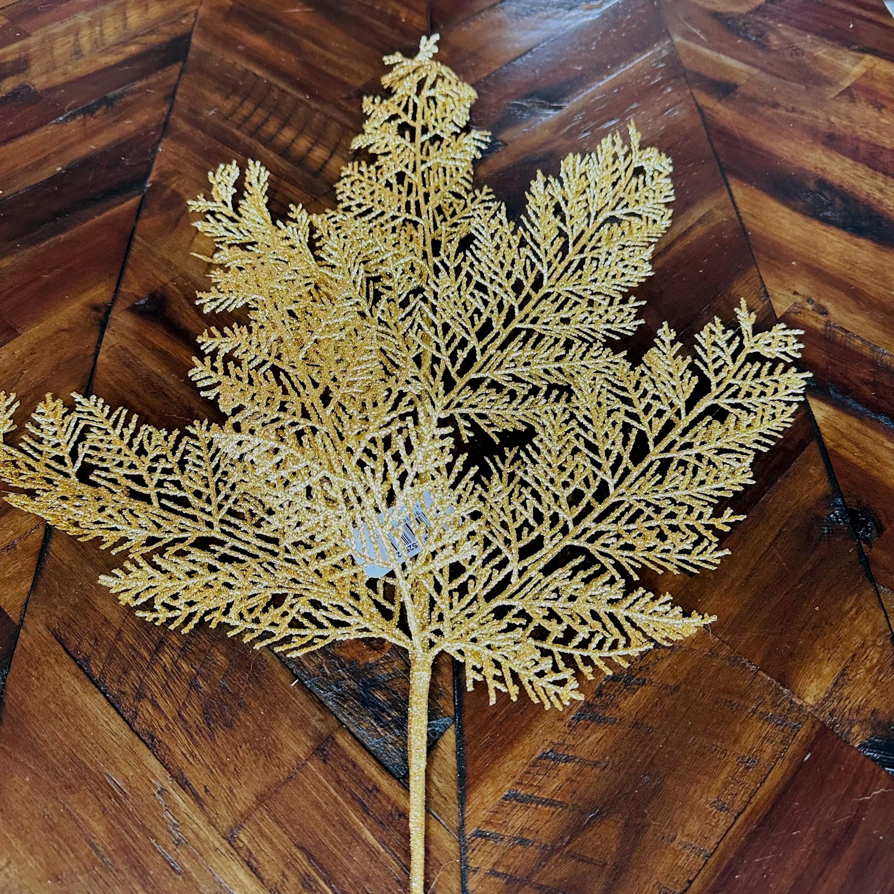 Gold Glitter Leaf Spray for Christmas Tree Mantel Garland Holiday Decor Sparkly Artificial Pick for Wreath Making Floral Arrangements