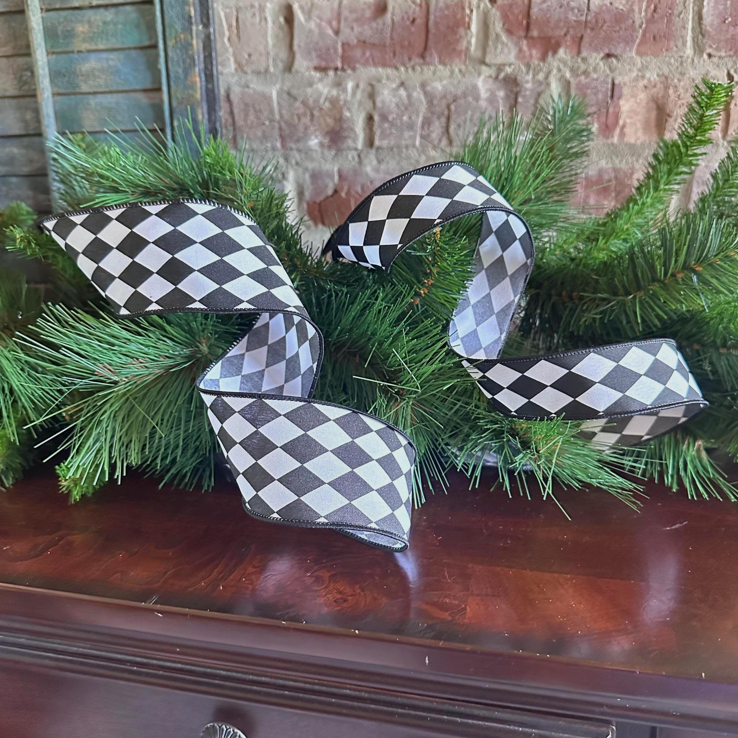 Harlequin Ribbon Craft Supply for Wreath Making Nutcracker Design Holiday Decor Accent Piece Black White Bow Diamond Mardi Gras Ribbon