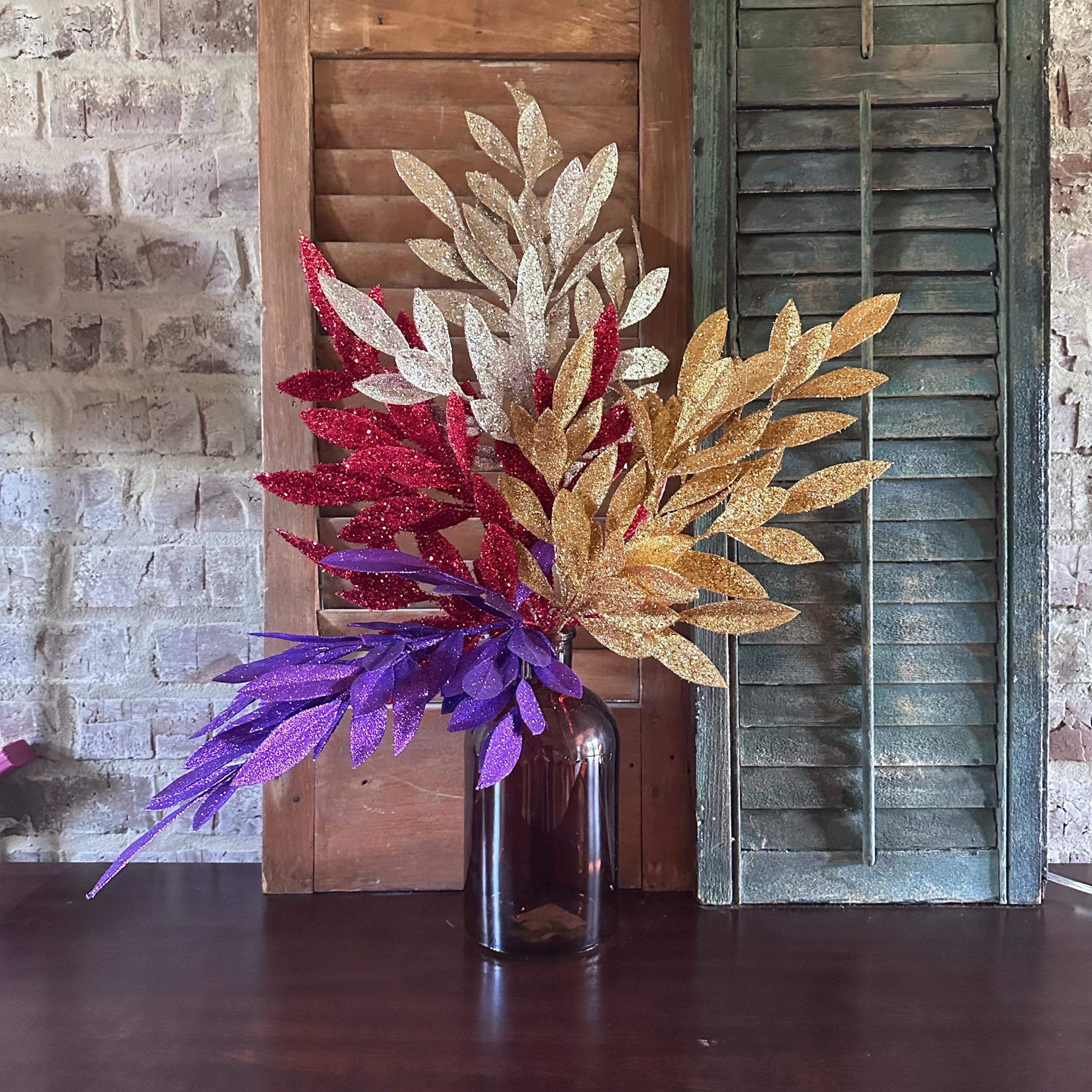 Champagne Glitter Bay Leaf Spray 23"L