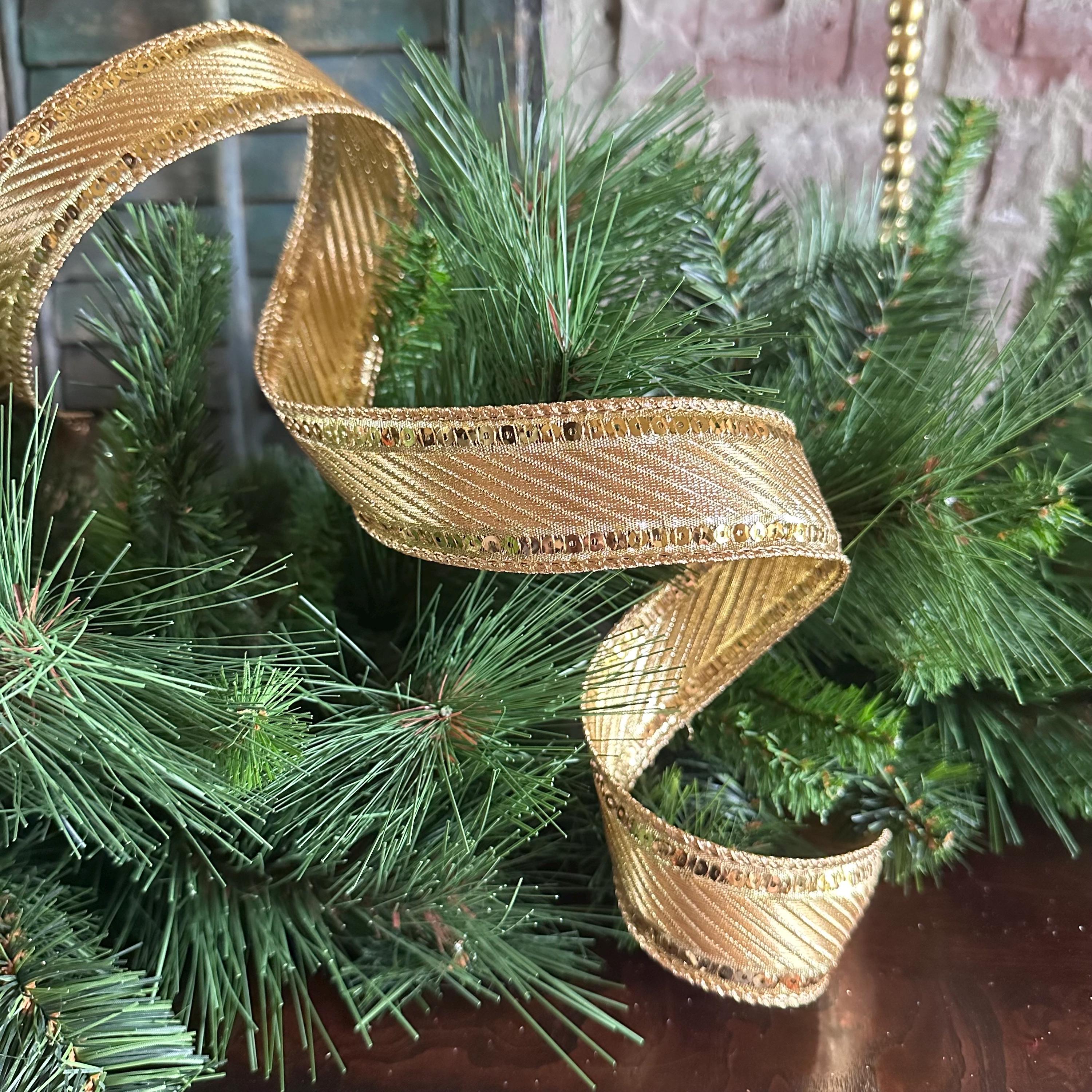 Gold Metallic Ribbon Craft Supply for Christmas Ribbon Wire Edge Sequin Trim Holiday Wreath Making Material Gift Wrap Party Accent