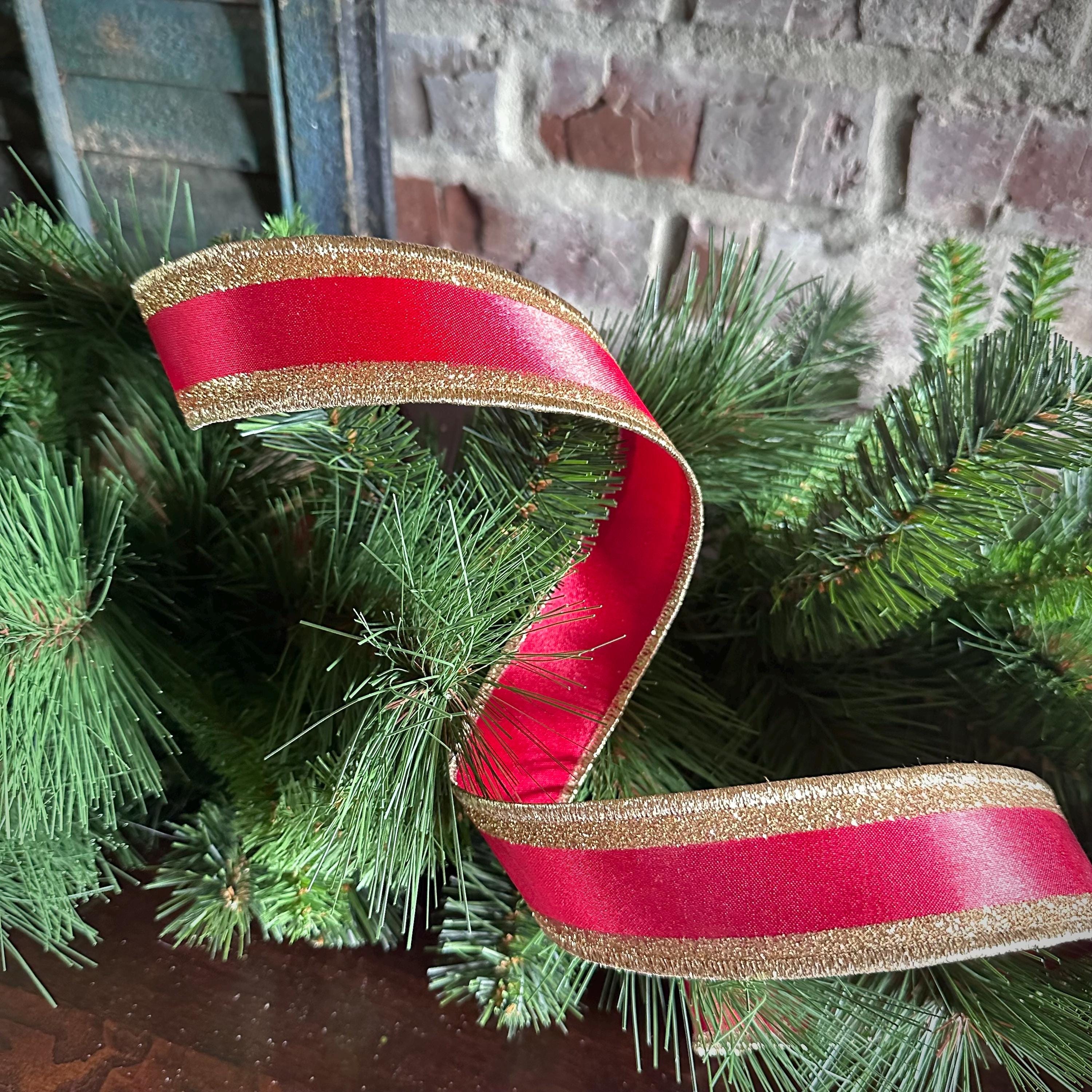 Red Satin Wired Ribbon with Gold Glitter Edge Luxury Christmas Ribbon for Wreaths Bows Gift Wrapping Holiday Decor