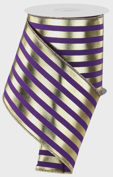 Purple Gold Metallic Stripe Wired Edge Ribbon Christmas Ribbon Fall Ribbon Vertical Stripe Ribbon for Bows Wreaths Holiday Decor Bow Making