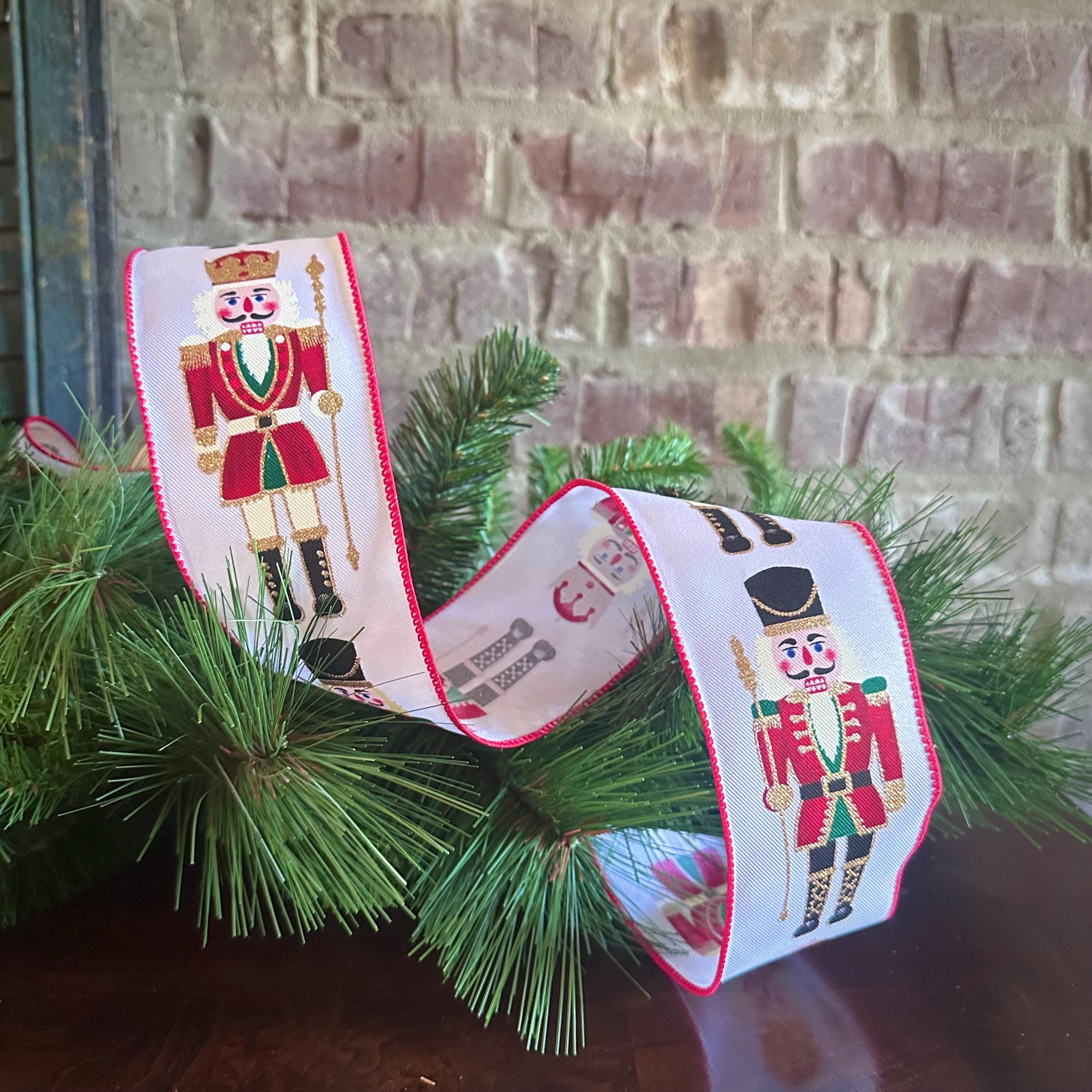Nutcracker Christmas Ribbon, Wired Holiday Ribbon for Wreaths, Gift Wrapping, Christmas Decor & Bow Making
