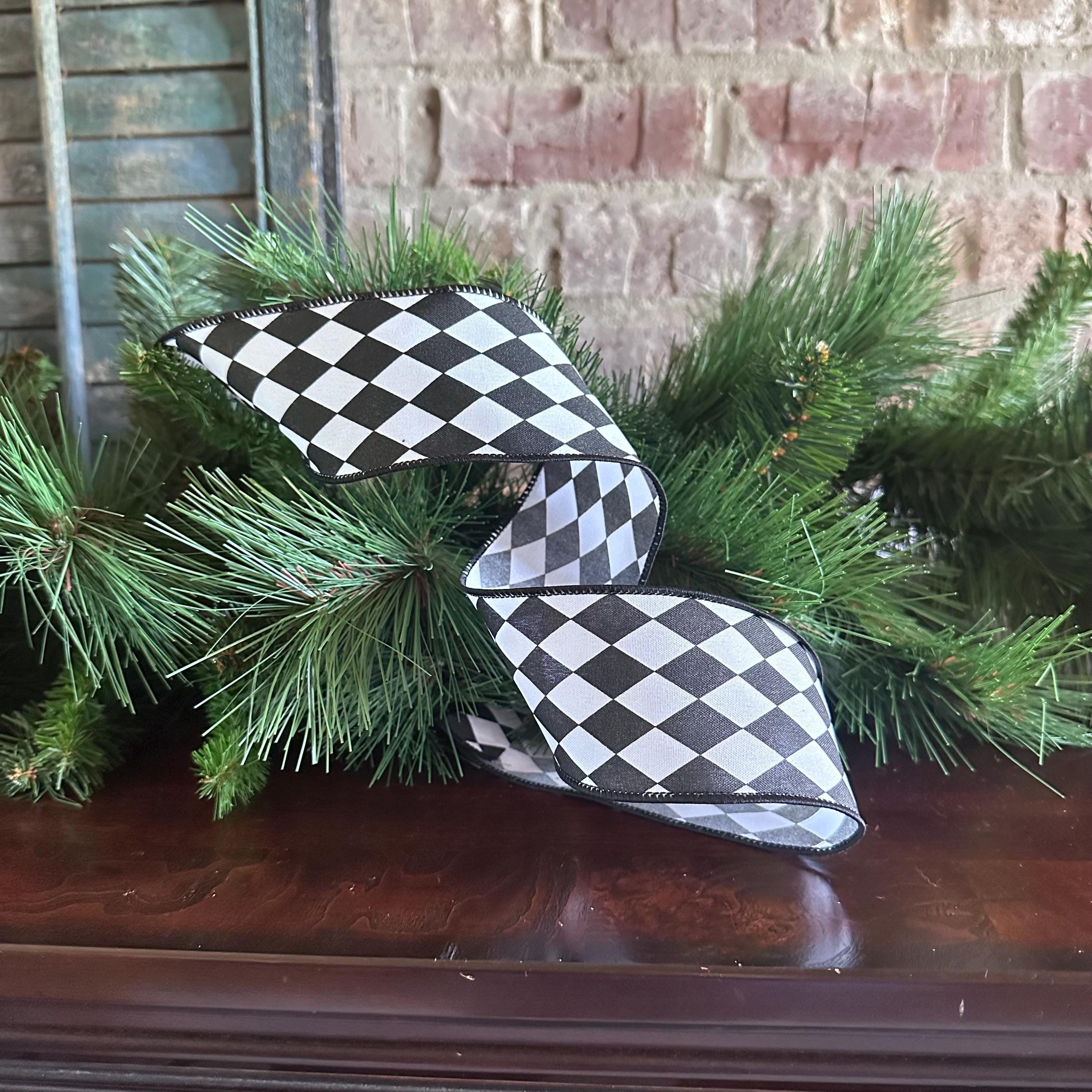 Harlequin Ribbon Craft Supply for Wreath Making Nutcracker Design Holiday Decor Accent Piece Black White Bow Diamond Mardi Gras Ribbon