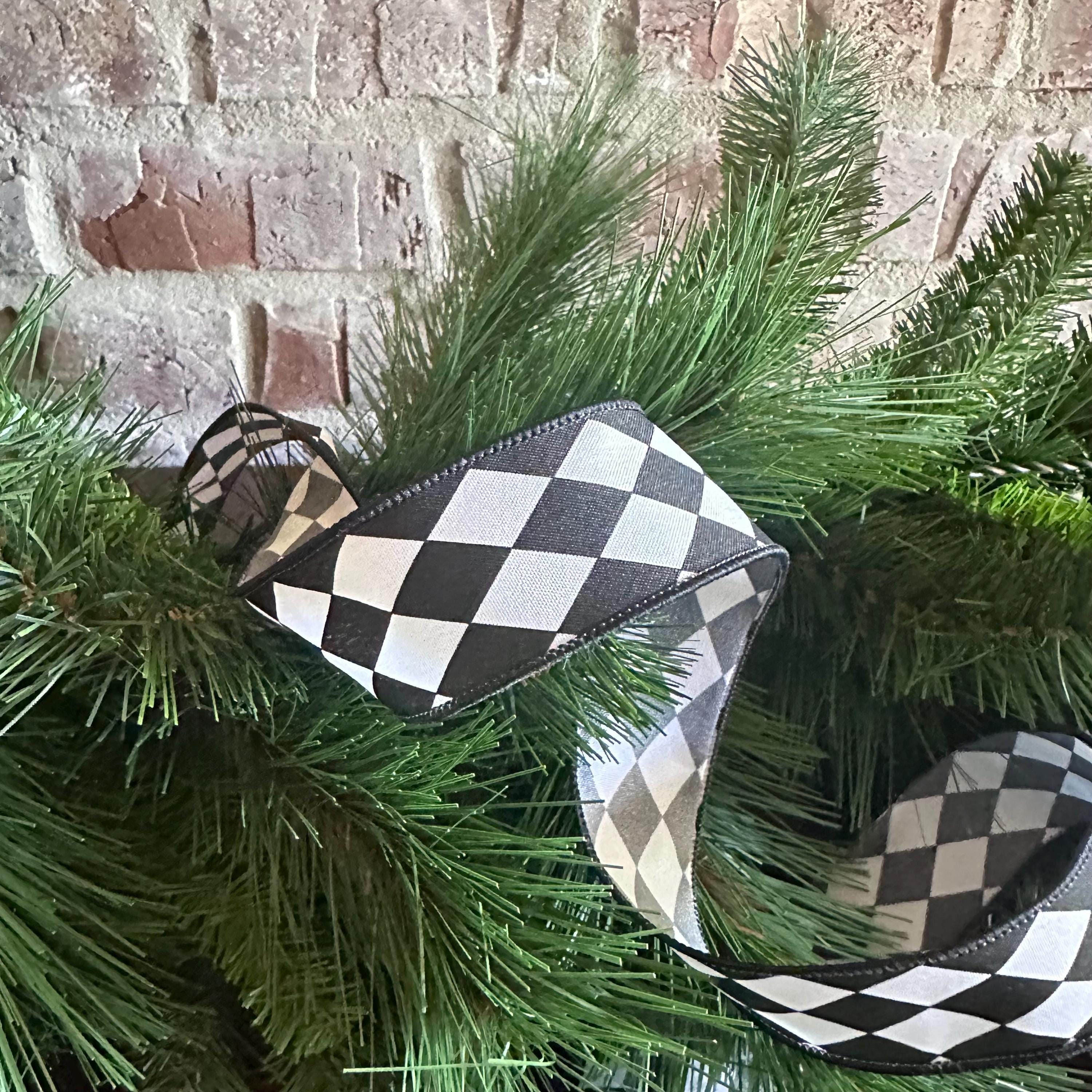 Harlequin Ribbon Craft Supply for Wreath Making Nutcracker Design Holiday Decor Accent Piece Black White Bow Diamond Mardi Gras Ribbon
