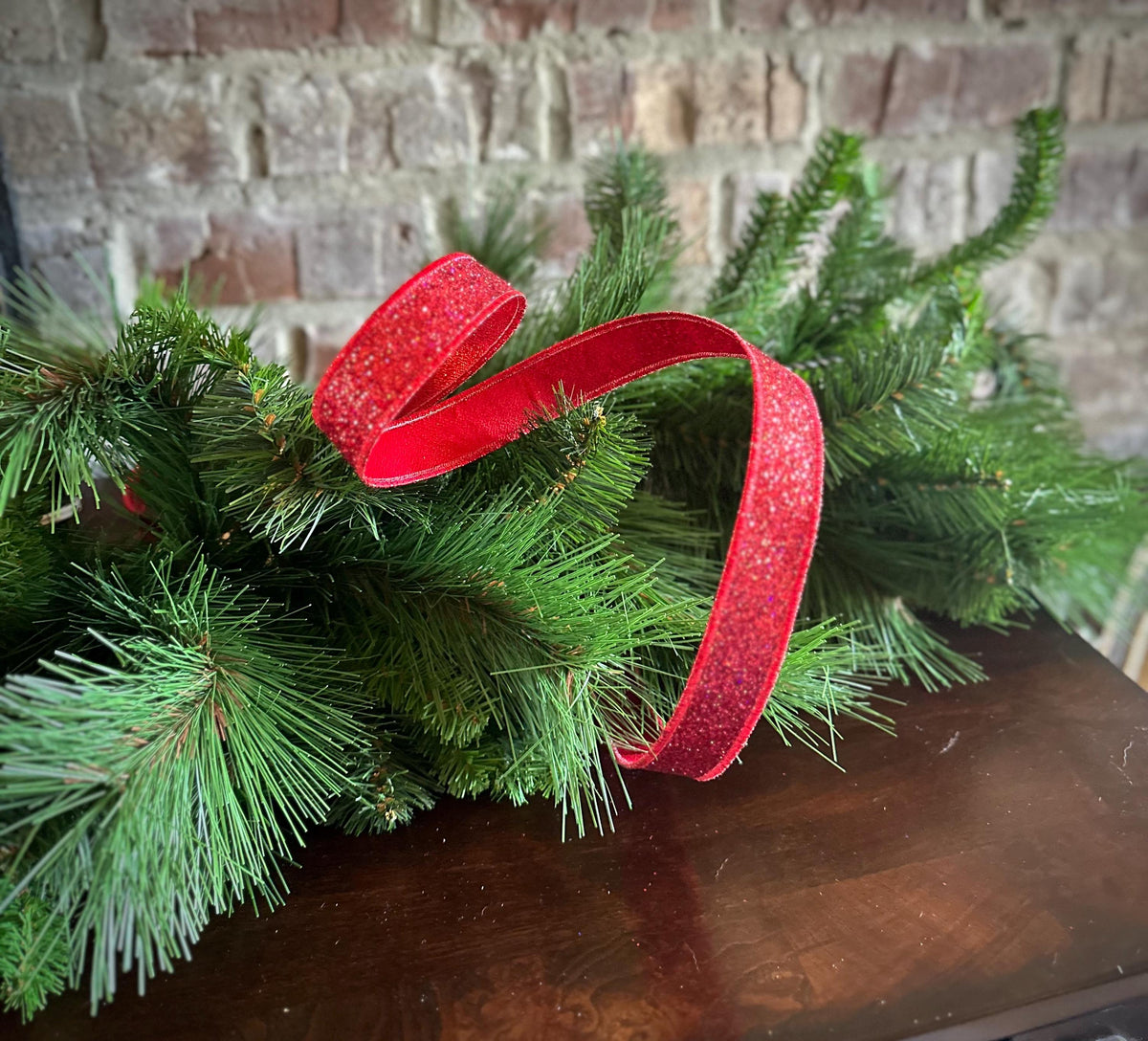 Red Glitter Fused Ribbon Wired Edge Valentine Ribbon Craft Ribbon for Wreaths Bows Gift Wrap Patriotic Ribbon 7/8 inch