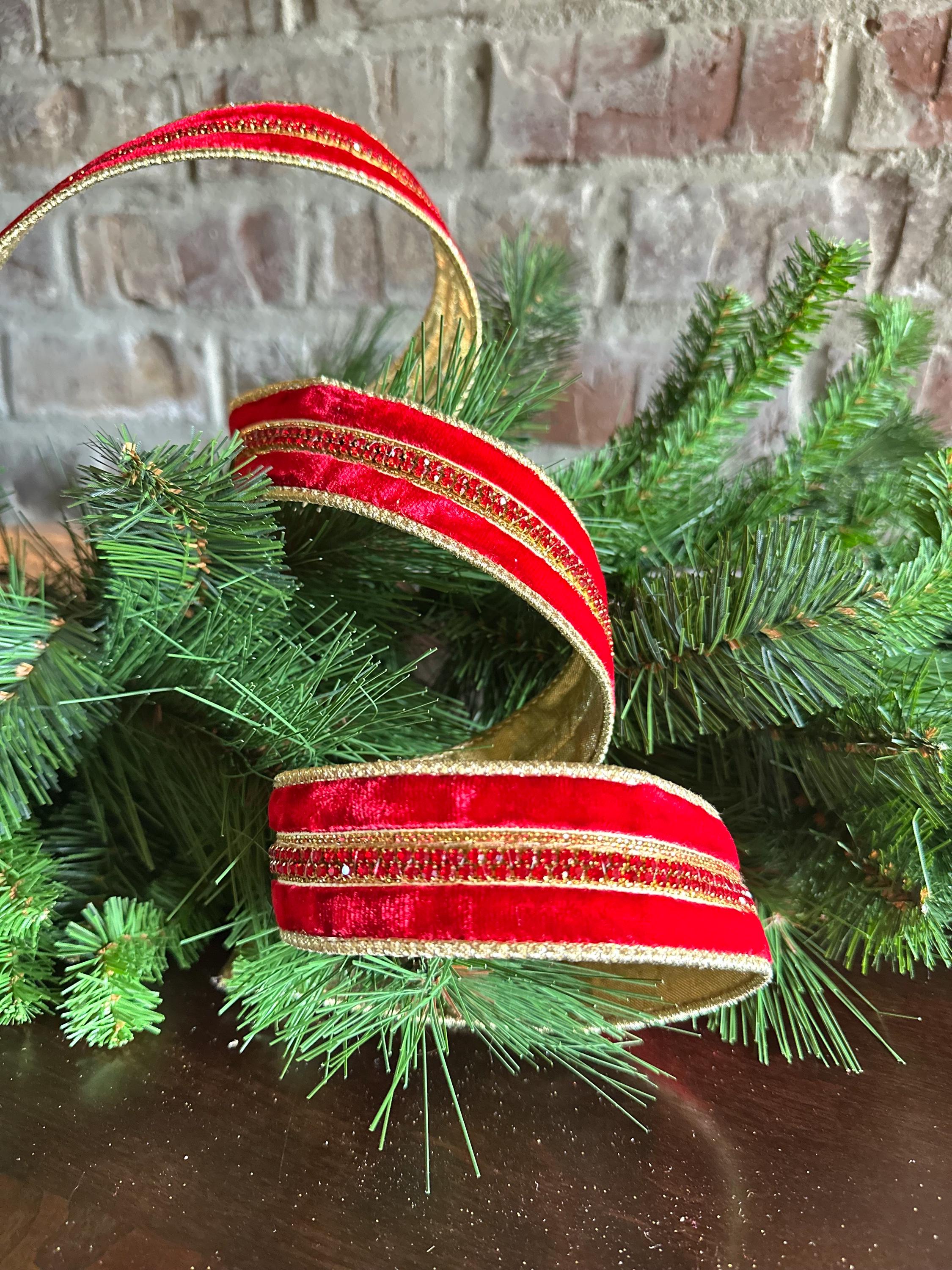 Christmas Ribbon, Wired Ribbon, Luxury Ribbon, Red Velvet Gold Ribbon, Holiday Ribbon, D Stevens Designer Ribbon, Christmas Tree Ribbon