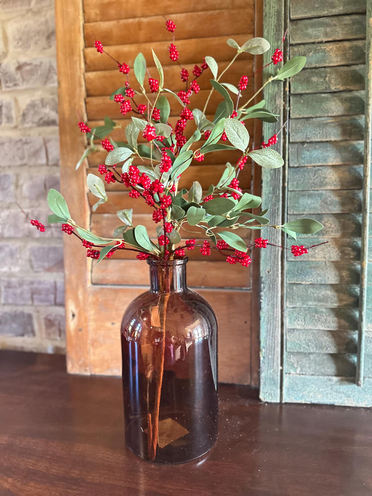 Red Berry Leaf Sprays | Faux Greenery Stems Set of 3