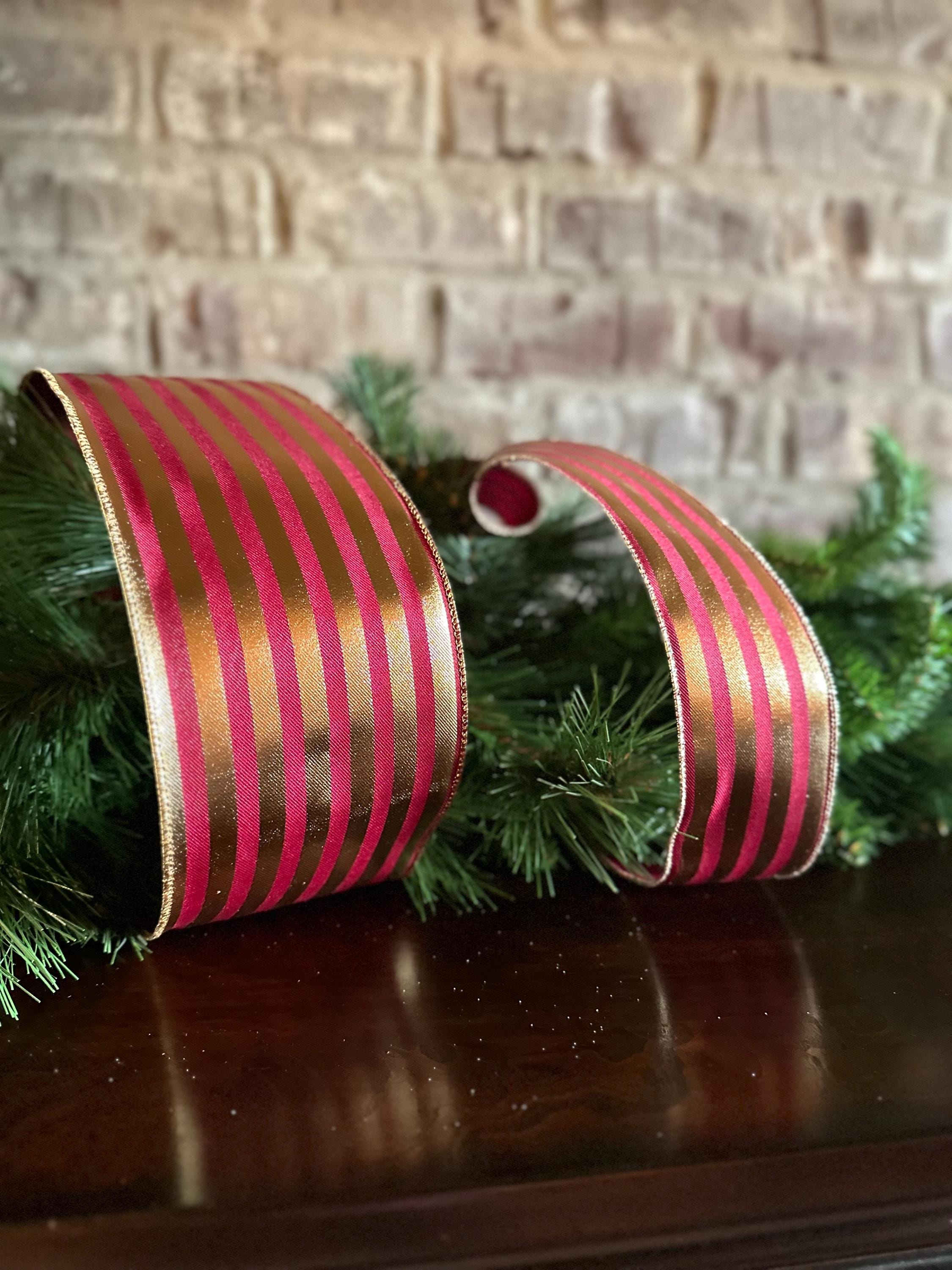Metallic Gold and Maroon Vertical Stripes Wired Ribbon- Available in 2.5", 4" x 10yds