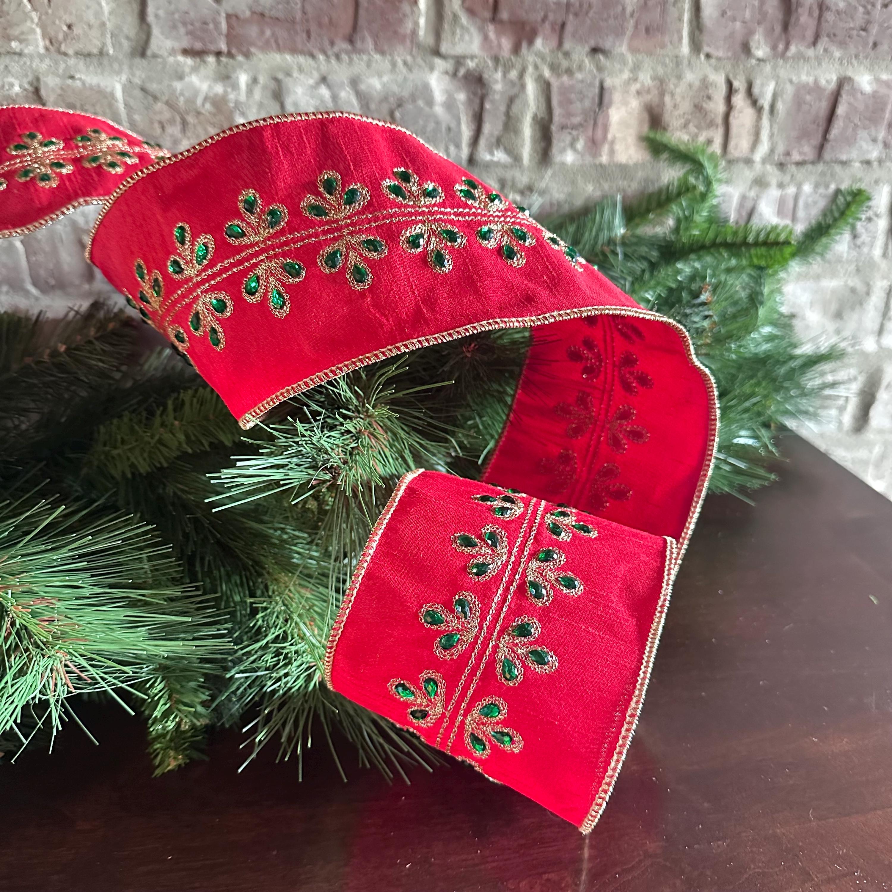 Red Dupioni Christmas Ribbon Wired Edge Ribbon Gold Embroidered Ribbon Christmas Tree Ribbon Wreath Ribbon Bow Making Holiday Decor