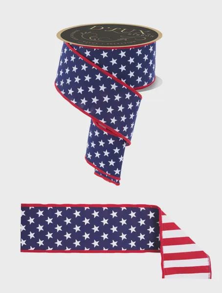 Patriotic Star Ribbon 4” or 2.5” Wired Ribbon 10 Yards Red White & Navy Blue Ribbon for Wreaths Trees Seasonal Décor