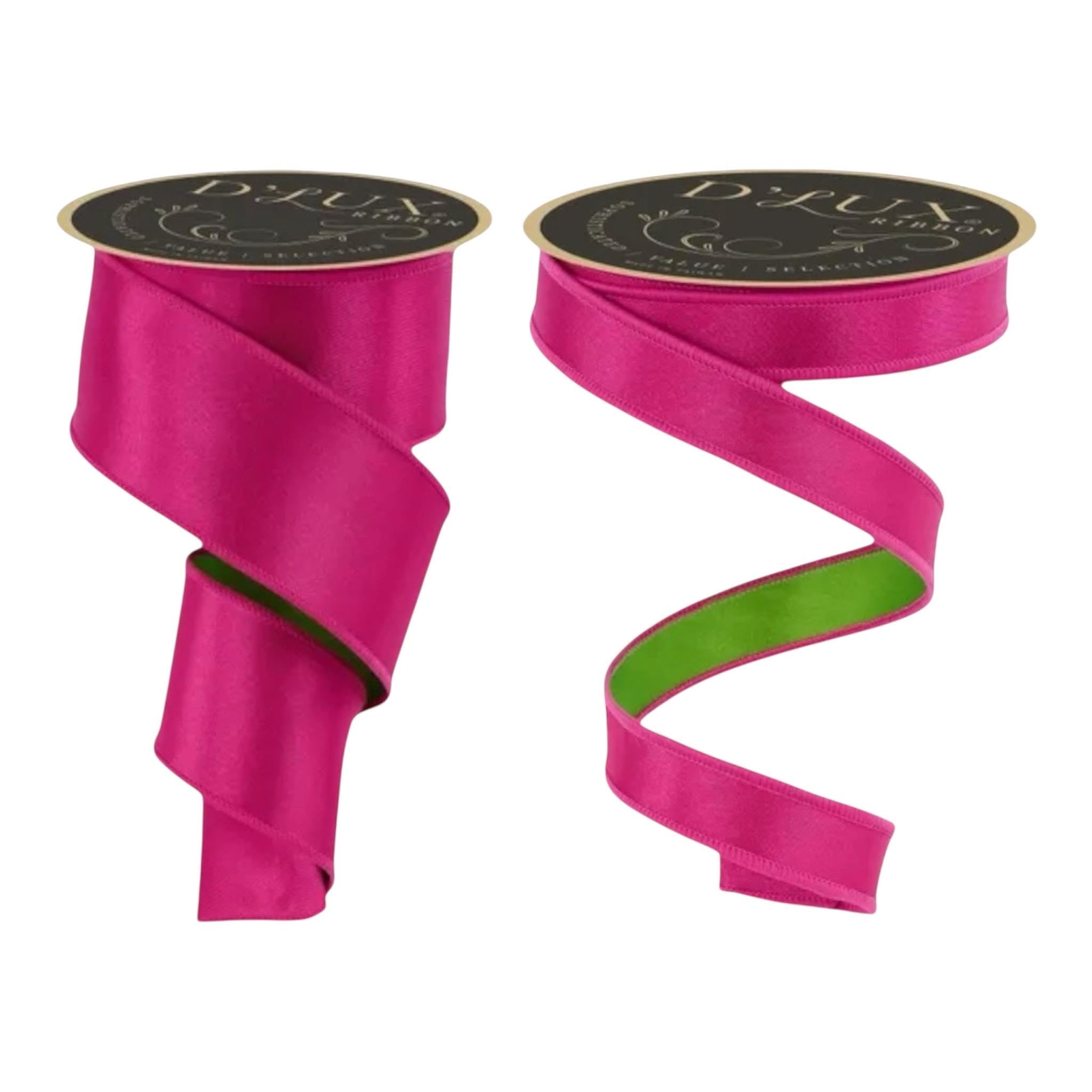 Hot Pink & Green Reversible Wired Ribbon Fused Back Ribbon for Spring Summer Wreaths Bows Decor