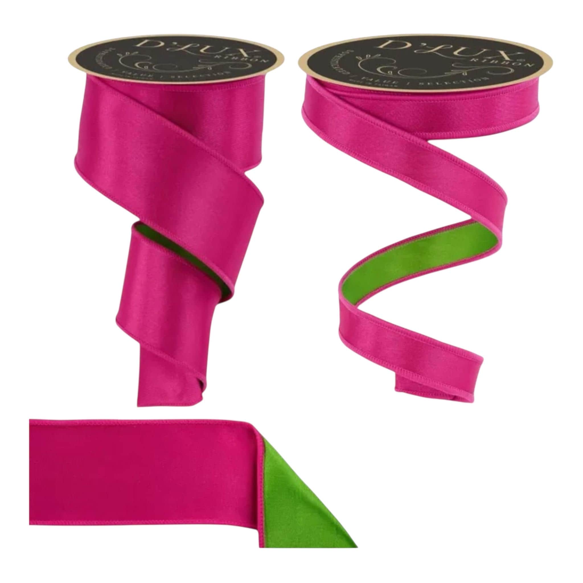 Hot Pink & Green Reversible Wired Ribbon Fused Back Ribbon for Spring Summer Wreaths Bows Decor