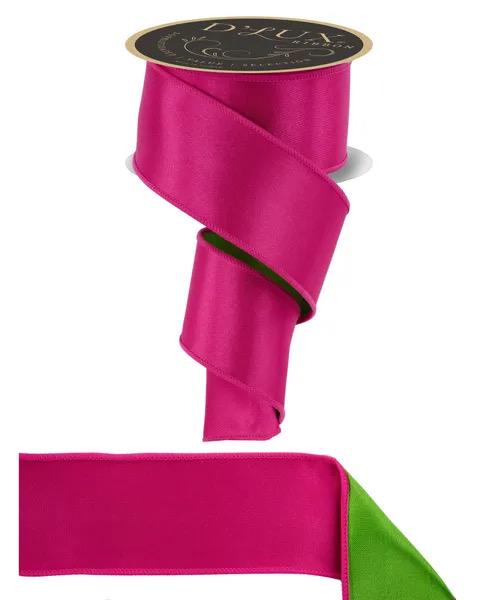 Hot Pink & Green Reversible Wired Ribbon Fused Back Ribbon for Spring Summer Wreaths Bows Decor