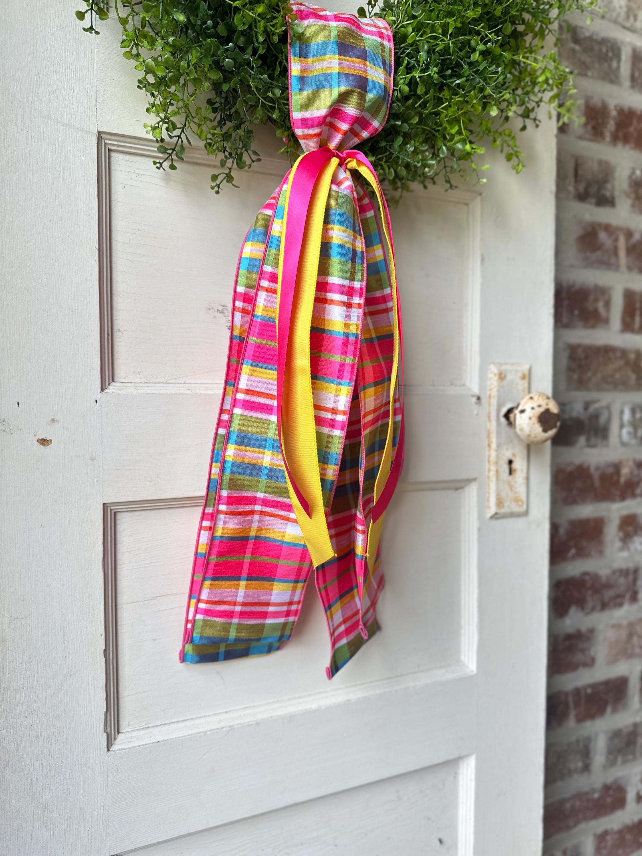 Plaid Wreath Sash with Ribbon Spring Summer Front Door Decor Handmade Bow Ribbon Bundle Accent for Wreaths or Door Displays Home Decor