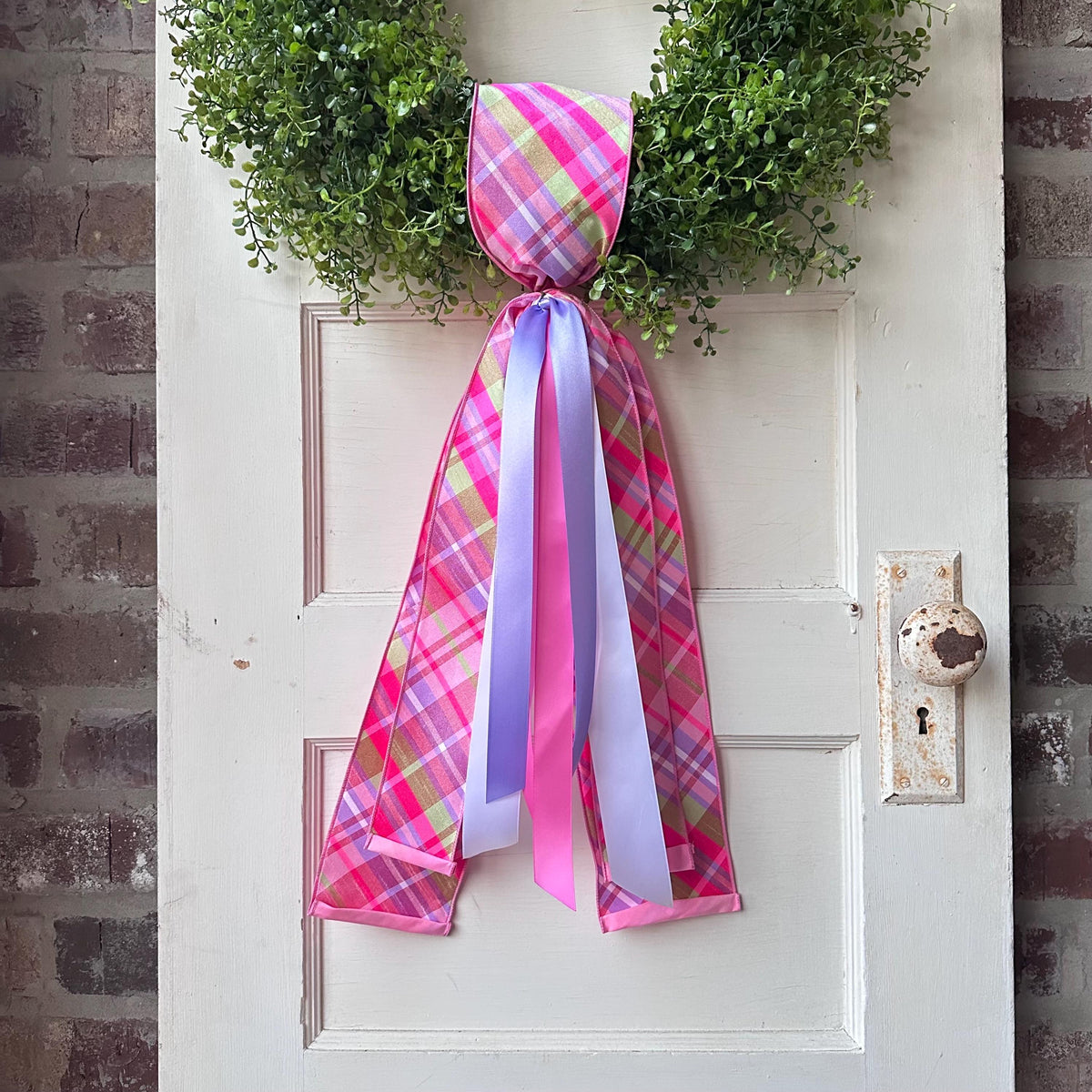 Spring Pink Plaid Wreath Sash for Front Door, Pastel Ribbon Wreath Tie, Easter Door Decor, Boxwood Wreath Accent, Front Door Decor